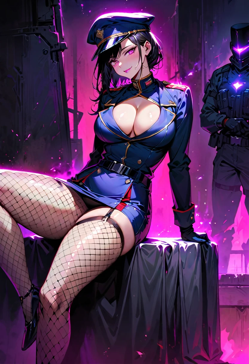 NSFW, LWRD, Governor Rottenmeier, a bewitching and vicious femme fatale, sits at her office table, illuminated by an overcast London sky in 1814. Her athletic physique is accentuated by tight black clothing, featuring a mini skirt, fishnet stockings, and a black coat with a red vintage flair. Her sharp, lustrous karambit knife glints menacingly as she holds it up, revealing her perfectly proportioned figure and super-detailed skin. A sly look and cruel grin spread across her face, hiding murderous intent behind seductive eyes. The air is thick with mystery and dark eroticism, as if a cinematic masterpiece has been brought to life in vivid colors.