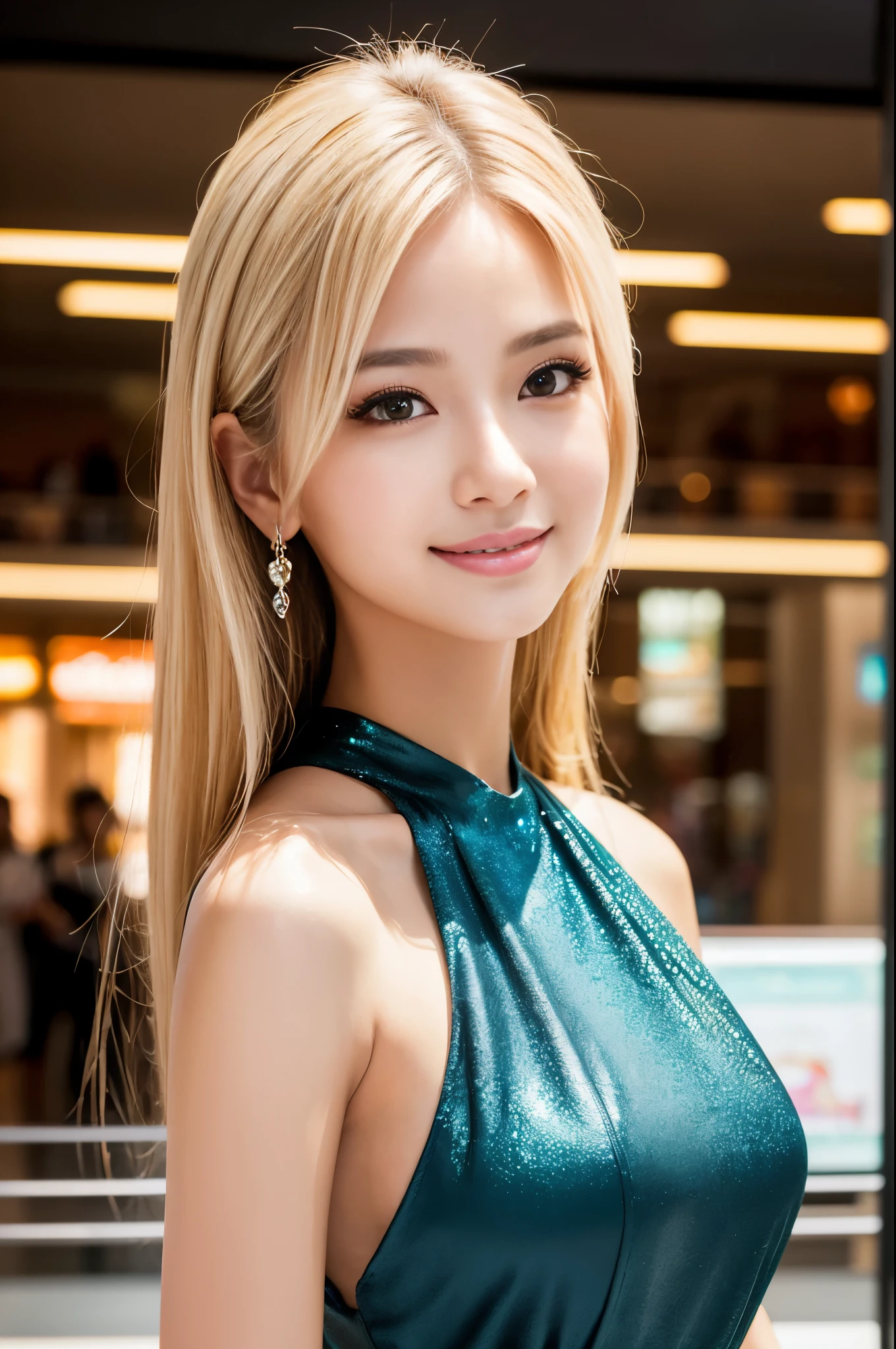 (masterpiece:1.4), (best quality:1.4), ultra high res, ultra high resolution, ((detailed facial features)), HDR, (realistic, photorealistic, photo-realistic:1.37), closeup, sexy seductive Thai woman, (seductive smile), long lashes, beautiful makeup, platinum blonde hair, fair skin, slender figure, elegant posture, wearing large sparkling colorful jewelery, wearing a business style leather dress, standing in a large shopping mall, gentle sunlight shining through the shopping mall windows, casting a soft glow on her face, adding warmth to the scene, vibrant colors, capturing the essence of vibrant city life, portrait style, showcasing her natural beauty and grace in a feminine way
