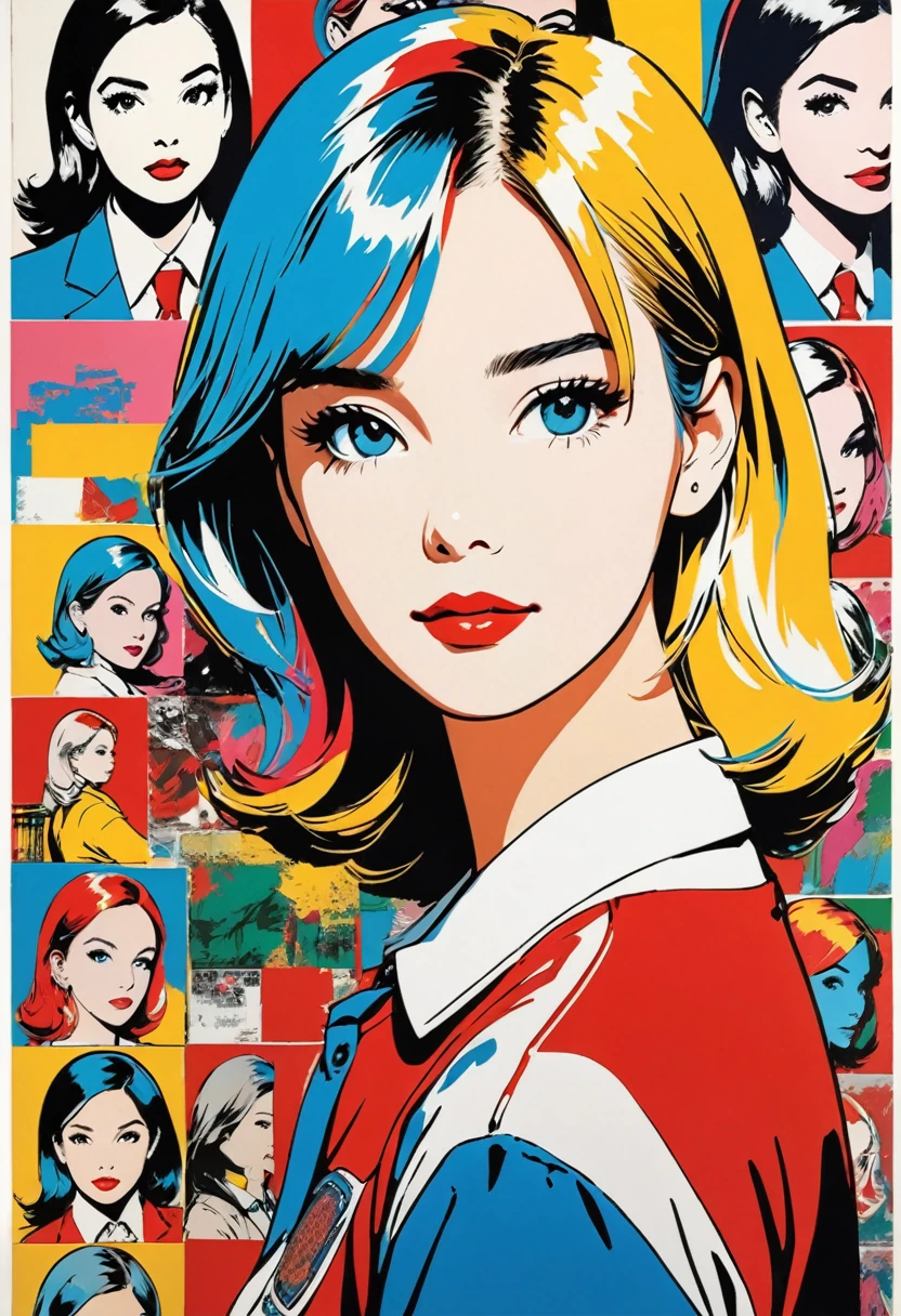 (masterpiece, best quality),a girl looking at many silkscreen illustrations of beautiful girls painted by Andy Warhol,school uniform,Pop Art,detailed fate,collage art,
