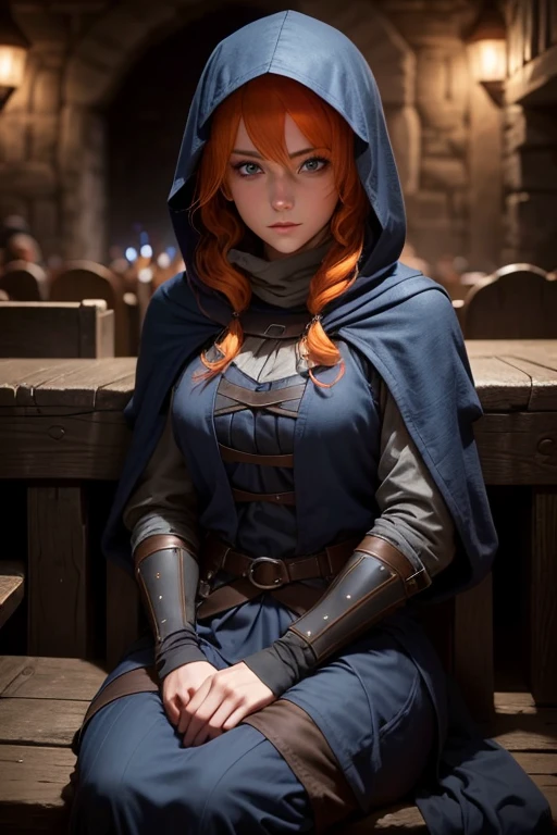 25 year old woman, light orange hair hidden under hood, light blue eyes, dressed medieval dark grey dark blue, wearing a dark blue and black hood almost hiding har face, Fantasy, medieval, sitting in a dark medieval tavern, dark background, looking flirtatious