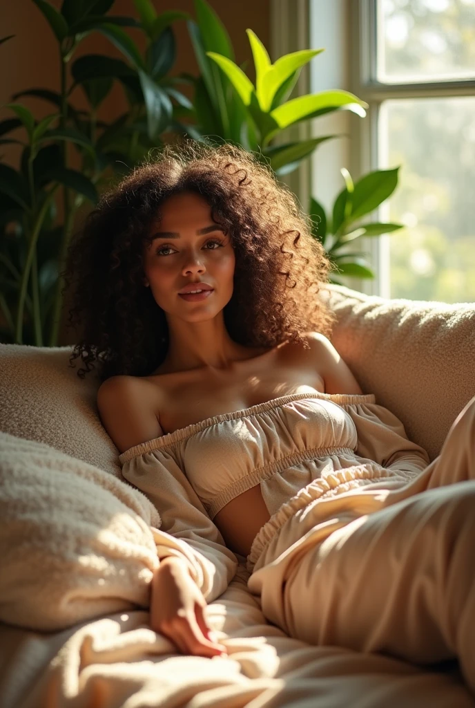 (photorealism:1.2), beautiful woman, sitting on bed, wearing loose off-shoulder top, pajama pants, long curly hair, indoors, soft lighting, plants in background, window with sunlight, cozy room, relaxed pose, realistic, intricate details, warm colors, by Greg Rutkowski, by Alphonse Mucha