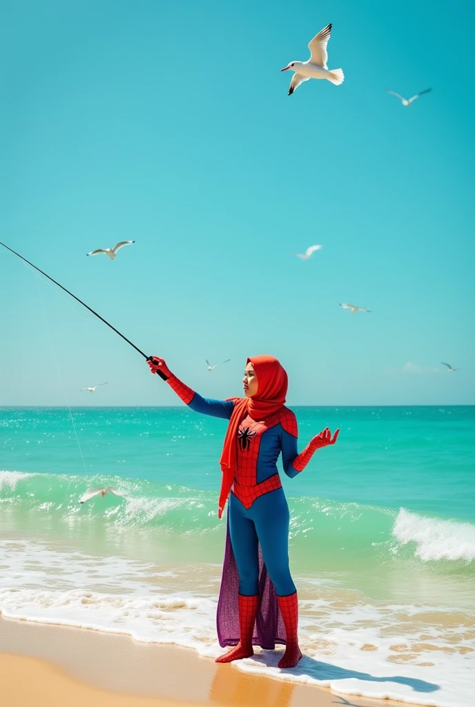 Take a picture of an Indonesian woman wearing a hijab, dressed as Spiderman, fishing on the beach.