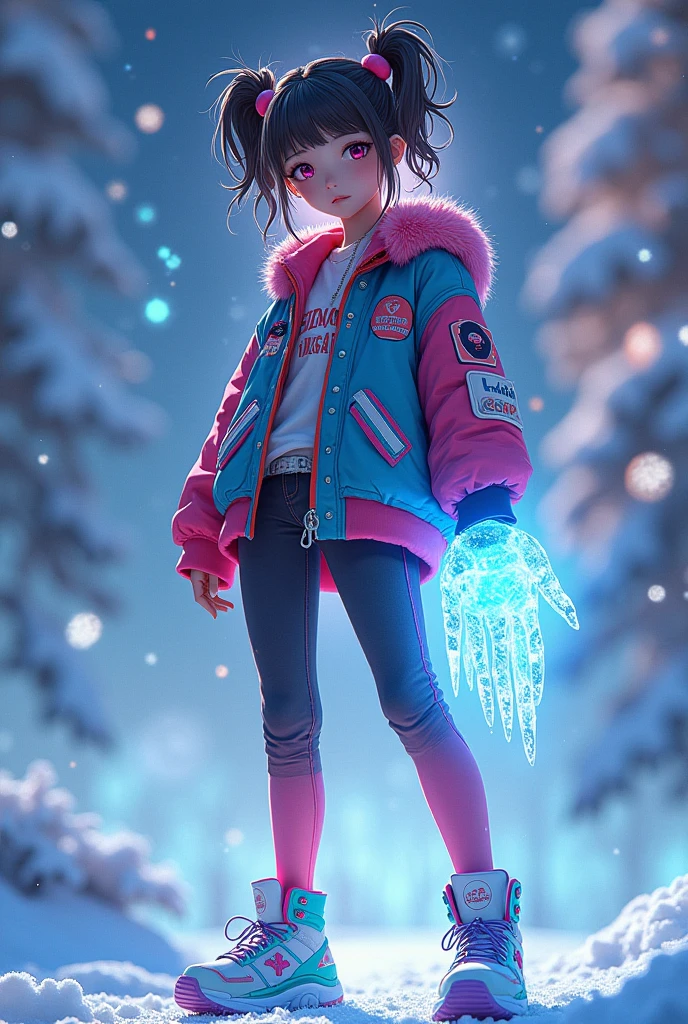 wearing anime-style clothes and shoes、A 19-year-old with one arm frozen in ice