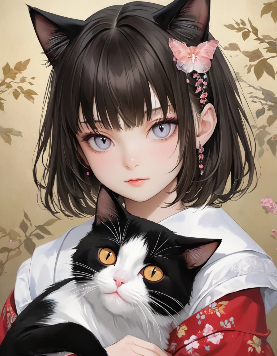 a painting of a girl holding a black and white cat, stunning anime face portrait, beautiful anime portrait, in a painting of a cat, kawaii realistic portrait, portrait anime girl, detailed portrait of anime girl, cute anime girl portrait, realistic anime cat, anime painting, realistic anime artstyle, realistic anime art style, range murata yoshitaka amano