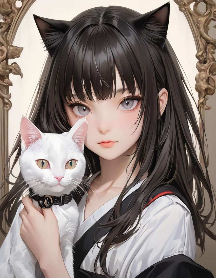 a painting of a girl holding a black and white cat, stunning anime face portrait, beautiful anime portrait, in a painting of a cat, kawaii realistic portrait, portrait anime girl, detailed portrait of anime girl, cute anime girl portrait, realistic anime cat, anime painting, realistic anime artstyle, realistic anime art style, range murata yoshitaka amano