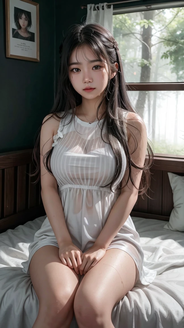 Realistic pretty Korean girl, dark hair tied, frisky, raunchy, sleeveless chemise white sheer deep slit, pokies, flat chest, small breast, thigh, groin, penetrated in bedroom, sweat, moist