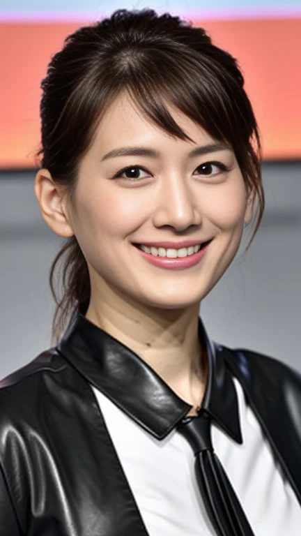 最high quality, 8k, Vibrant, Sharp focus, high quality, High resolution, Middle-aged women, Mature Woman, 55 years old, (Whole Body Ezbian), (High heels face detail, Highly detailed eyes, Plump figure、Plump face、((big 1.6))、(((Large Breasts)))、((Black leather clothing))、garden、Random Hairstyles、A kind smile、