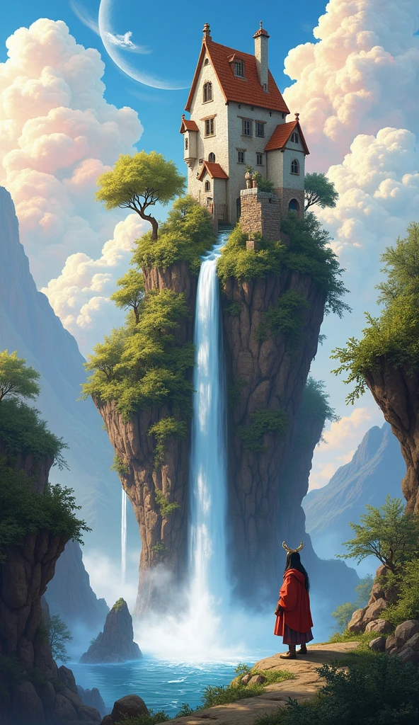 waterfallと崖の上の家を描いた絵, fantasy matte painting,cute, 空飛ぶcloudの城, Realistic fantasy painting, 気まぐれなファンタジーWind景画, fantasy house, Fantasy art realistic painting, Beautiful fantasy paintings, Inspired by Brian DeSpain, ファンタジーWind景画, Ross Tran and Michael Whelan, A painting depicting a Urop and a Rad, Inspired by Christophe Vache, cigarette, fog, cloud, waterfall, Wind