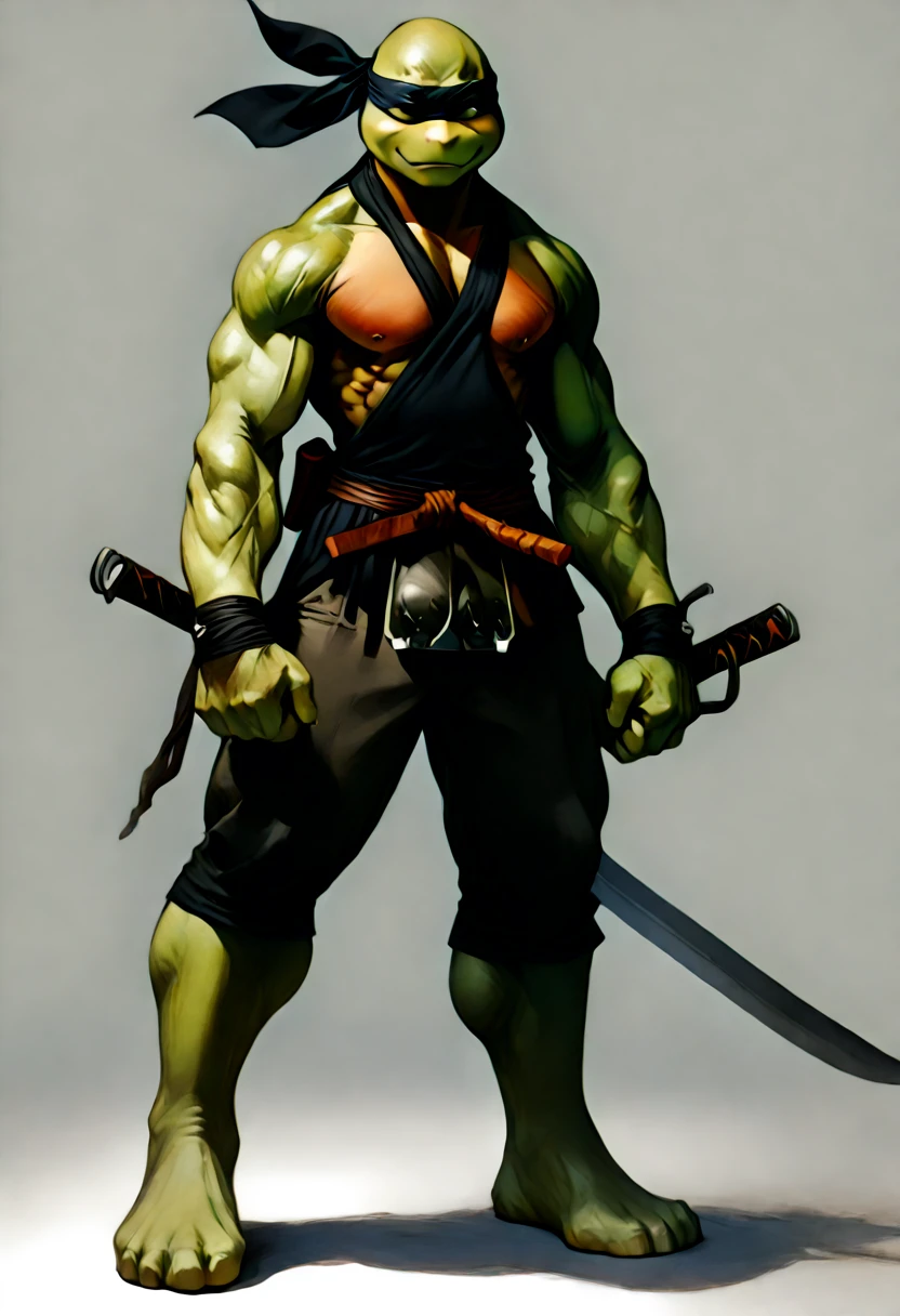 Michelangelo,a teenage mutant ninja turtles,ronin,buff,muscular,big neck,green darker skin,black bandanna,mutant,bald,equipped with ninja’s weapons,cool expressions,ninja outfit,full body,a powerful physique, inspired by the style of Frank Miller, 80’s comics, masterfully rendered with exceptional detail and realism, vivid colors, and dramatic lighting.