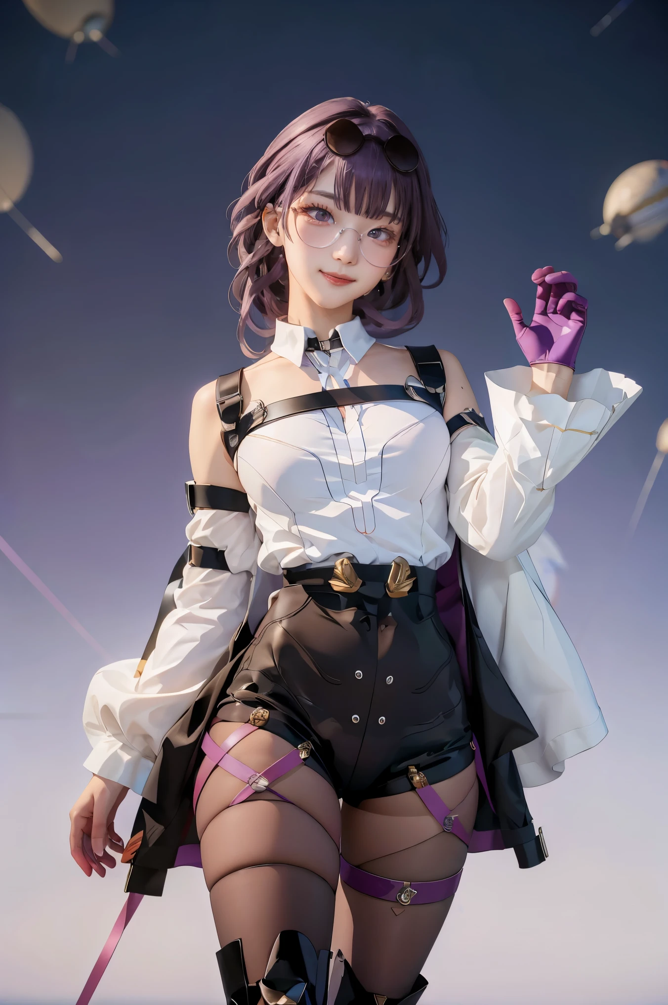 Masterpiece, best quality, 1 girl, Kafka V4, shirt, white shirt, shirtแจ็กเกต, purple hair, long sleeve, glasses on head, sunglasses, boots, glove, tights, cowboy shoot, stand, Gradient background, spaceship, gag, smile, look at viewer,