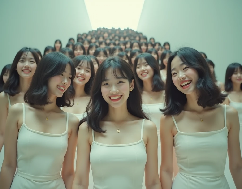 (Perfect Clone girls Raw Photography Art), (16K, Highest quality, Ultra-high resolution, Unrealistic, A world of cloned girls multiplying, Real), (Japanese Girls, 26-year-old), (((((Small face, (((((Thick black hair, Semi-long hair)))))))))), ((Very beautiful detailed girls, Accurate body structure, Very detailed body, (((((Big Breasts, H-Cup))))), ((Emphasis on the fullness of a large chest)), (((White chest-emphasizing one-piece dress))), ((Dark Eyes, Baby Face, Cute Smile, A gentle gaze)), (((((Happy laughter))))), (((((Very detailed, 1girl-1,000,000cloning))))), (((100girls), (6+girls), multiple girls))), (((((Very detailed depiction of the other self, Perfectly the same girl, The exact same smile, Perfect same hair, Perfect same clothes, Exactly the same height, Perfect same H-cup))))), (((((clone girls only))))), ((10,000clone girls)), ((1,000,000clone girls)), ((1,000,000,000clone girls)), ((Walking down the stairs and facing forward., Variation, Have fun and smile, Laughing, While talking, pass by)), ((1,000,000,000,000,000,000clone girls)), ((1,000,000,000,000,000,000,000,000,000clone girls)), ((The sight of the ultimate super-crowded, Abnormal extreme crowding, Very extremely crowded)), (Soft Light, super wide view, (((((Extremely detailed and clear ultra-telephoto depiction, height difference)))))), (((Subject depth extremely shallow)))