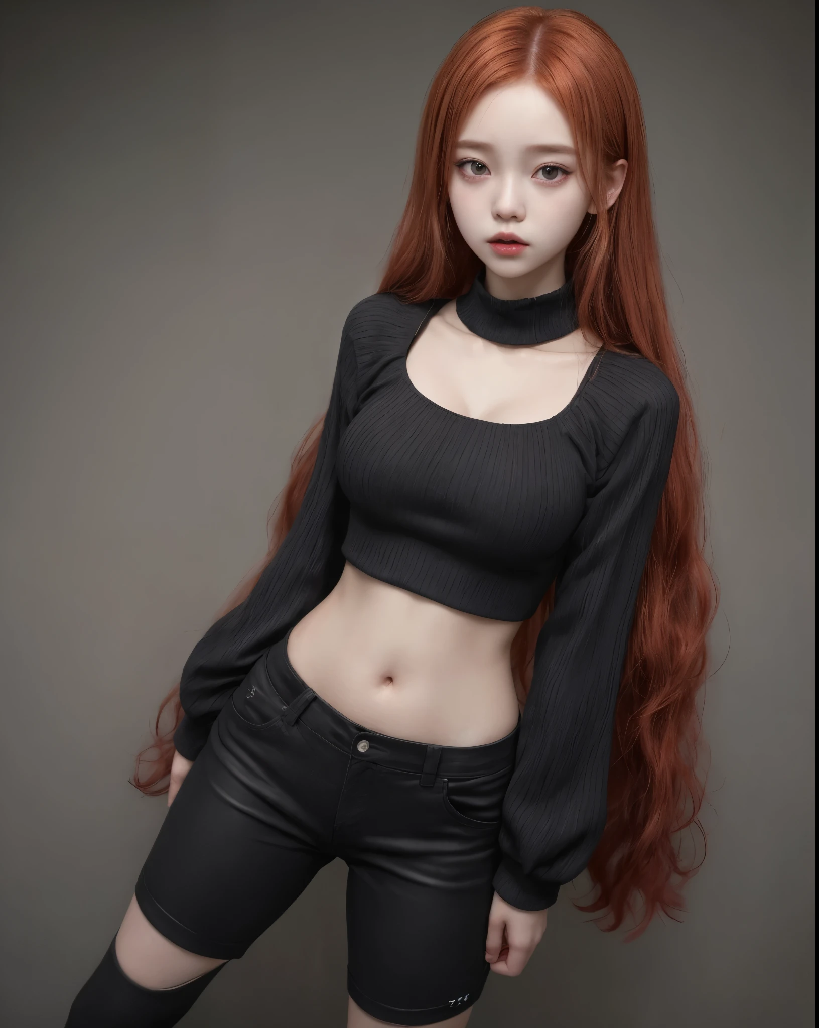 young girl, kim chaewon as a sexy young girl, full body view, fullbody, full body, kim chaewon is a girl, 1girl, fantasy gothic city background, kim chaewon, girl, small breast, figure, long red hair, red eyes, face front, tight black fantasy crop top, tight fantasy short pants, emotional face, make up, masterpiece, best quality,