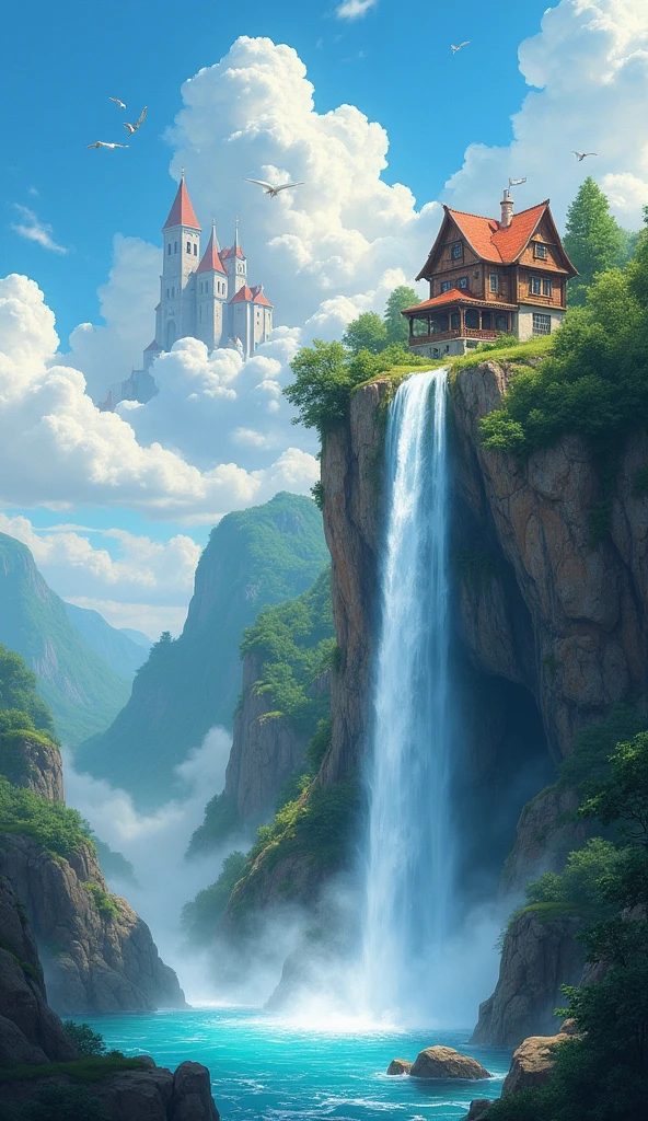 waterfallと崖の上の家を描いた絵, fantasy matte painting，cute, 空飛ぶcloudの城, Realistic fantasy painting, 気まぐれなファンタジーWind景画, fantasy house, Fantasy art realistic painting, Beautiful fantasy paintings, Inspired by Brian DeSpain, ファンタジーWind景画, Ross Tran and Michael Whelan, A painting depicting a Urop and a Rad, Inspired by Christophe Vache, cigarette, fog, cloud, waterfall, Wind