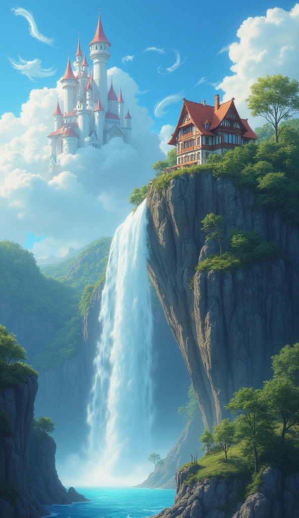 waterfallと崖の上の家を描いた絵, fantasy matte painting,cute, 空飛ぶcloudの城, Realistic fantasy painting, 気まぐれなファンタジーWind景画, fantasy house, Fantasy art realistic painting, Beautiful fantasy paintings, Inspired by Brian DeSpain, ファンタジーWind景画, Ross Tran and Michael Whelan, A painting depicting a Urop and a Rad, Inspired by Christophe Vache, cigarette, fog, cloud, waterfall, Wind