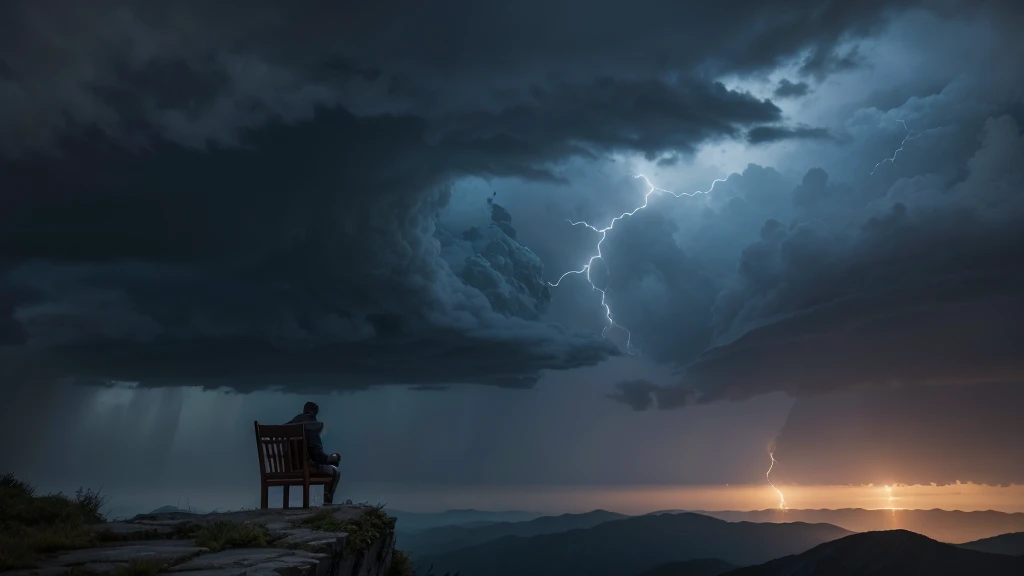 Image Description:

Create a realistic landscape where the rain falls intensely, with visible drops and a mist effect in the distance. The sky is dramatic, full of dark, laden clouds, Ashen and bluish, with some lightning cutting the horizon powerfully. The scene takes place on a high mountain, almost at cloud level, giving a sense of immensity and isolation.

En el centro de la imagen, there is a man seen from behind, sitting relaxed in a simple wooden chair. He is facing the horizon, contemplating the storm ahead. The man is casually dressed, with a coat that appears to be rain-resistant, his hair slightly wet. His position is solitary, but there is a tranquility in his posture, as if he were at peace in the midst of the storm.

The scenery around him is wild and natural, with the mountain vegetation being partially obscured by the rain mist. The chair is firmly placed on the rocky and damp ground, completing the scene of a man who seems to have found a moment of serenity amidst the force of nature.