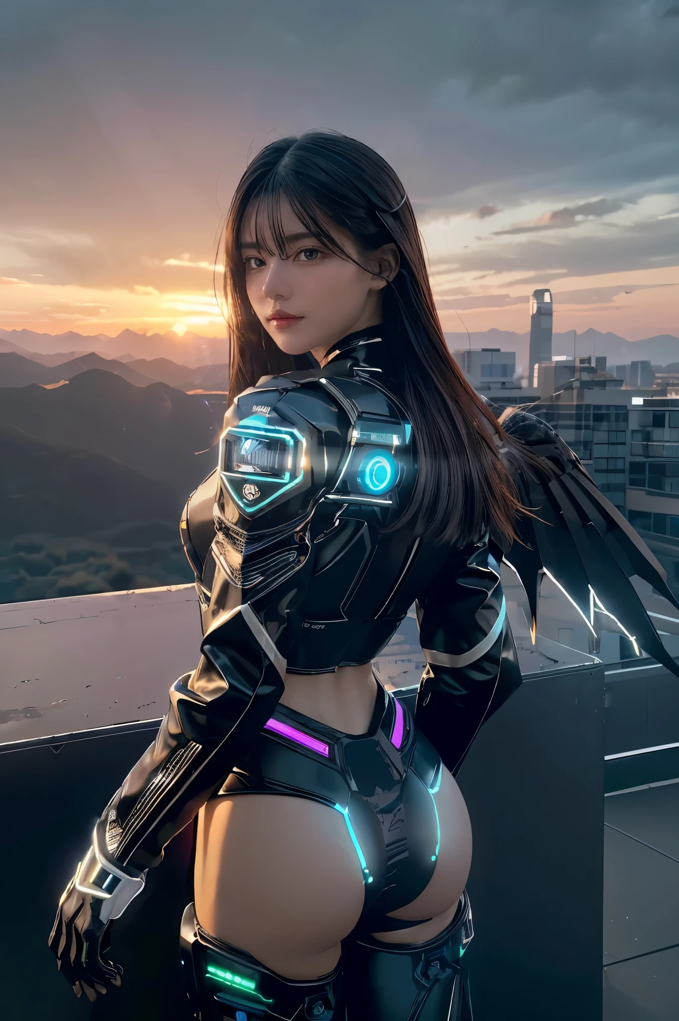 ((masterpiece, best quality, extremely detailed), volumetric lighting, ambient occlusion, colorful, glowing), 
1girl, solo, young girl, (dark hair), long hair, halo, aura, sacred, godness, cyber suit, (black outfit:1.3), android, bot, cybernetic wings,
outdoors, sunset, sky, clouds, space, (cyberpunk theme:1.2),