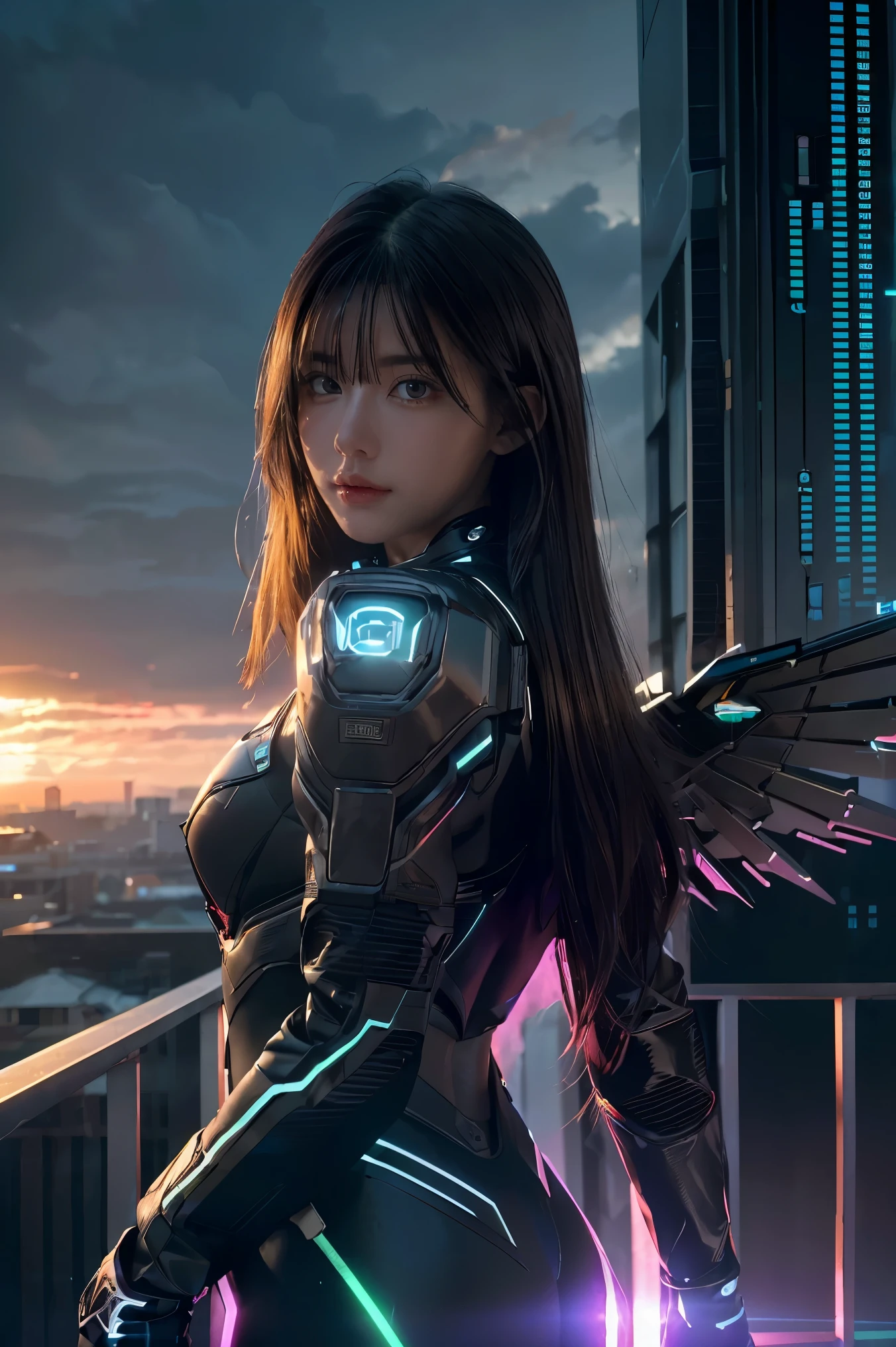 ((masterpiece, best quality, extremely detailed), volumetric lighting, ambient occlusion, colorful, glowing), 
1girl, solo, young girl, (dark hair), long hair, halo, aura, sacred, godness, cyber suit, (black outfit:1.3), android, bot, cybernetic wings,
outdoors, sunset, sky, clouds, space, (cyberpunk theme:1.2),