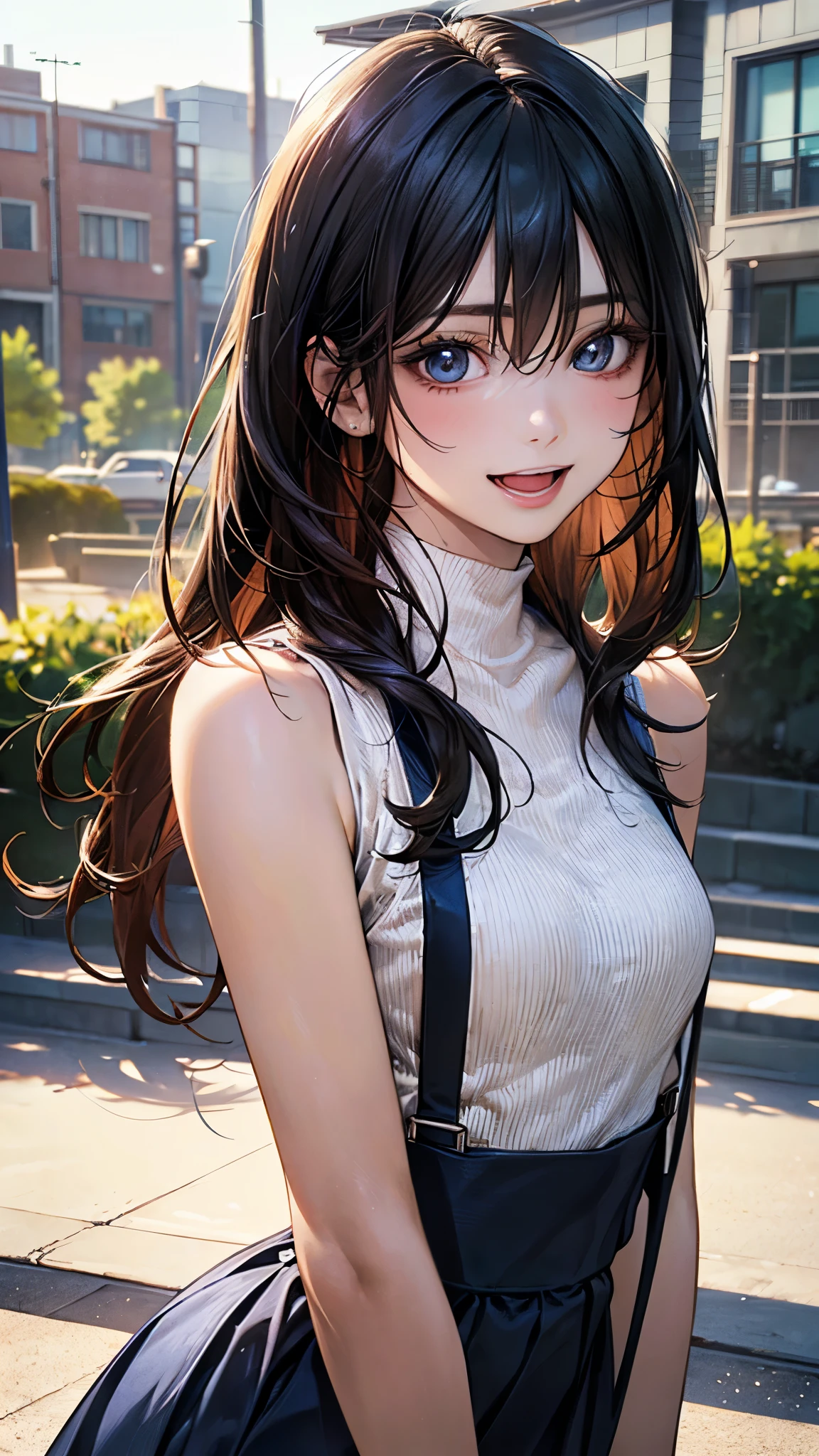 (masterpiece:1.2, top-quality), (realistic, photorealistic:1.4), beautiful illustration, (natural side lighting, movie lighting), depth of fields, 
beautiful detailed hair, beautiful detailed face, beautiful detailed eyes, beautiful clavicle, beautiful body, beautiful chest, beautiful thigh, beautiful legs, 
looking at viewer, (face focus, upper body), 1 girl, high school girl, (perfect anatomy, anatomically correct, super detailed skin), cute and symmetrical face, perfect face, perfect eyes, 
(long hair:1.5, straight hair, black hair), hair between eyes, light blue eyes, slant eyes, big eyes, long eye lasher, (medium breasts, seductive thighs), perfect body, shiny skin, pink skin, babyface, 
(detailed cloth texture, break (sleeveless beige high neck), break cobalt blue long skirt), break black suspenders, 
(beautiful scenery), evening, (school yard:1.2), standing, (waving hand), (lovely smile, upper eyes, open mouth small),
