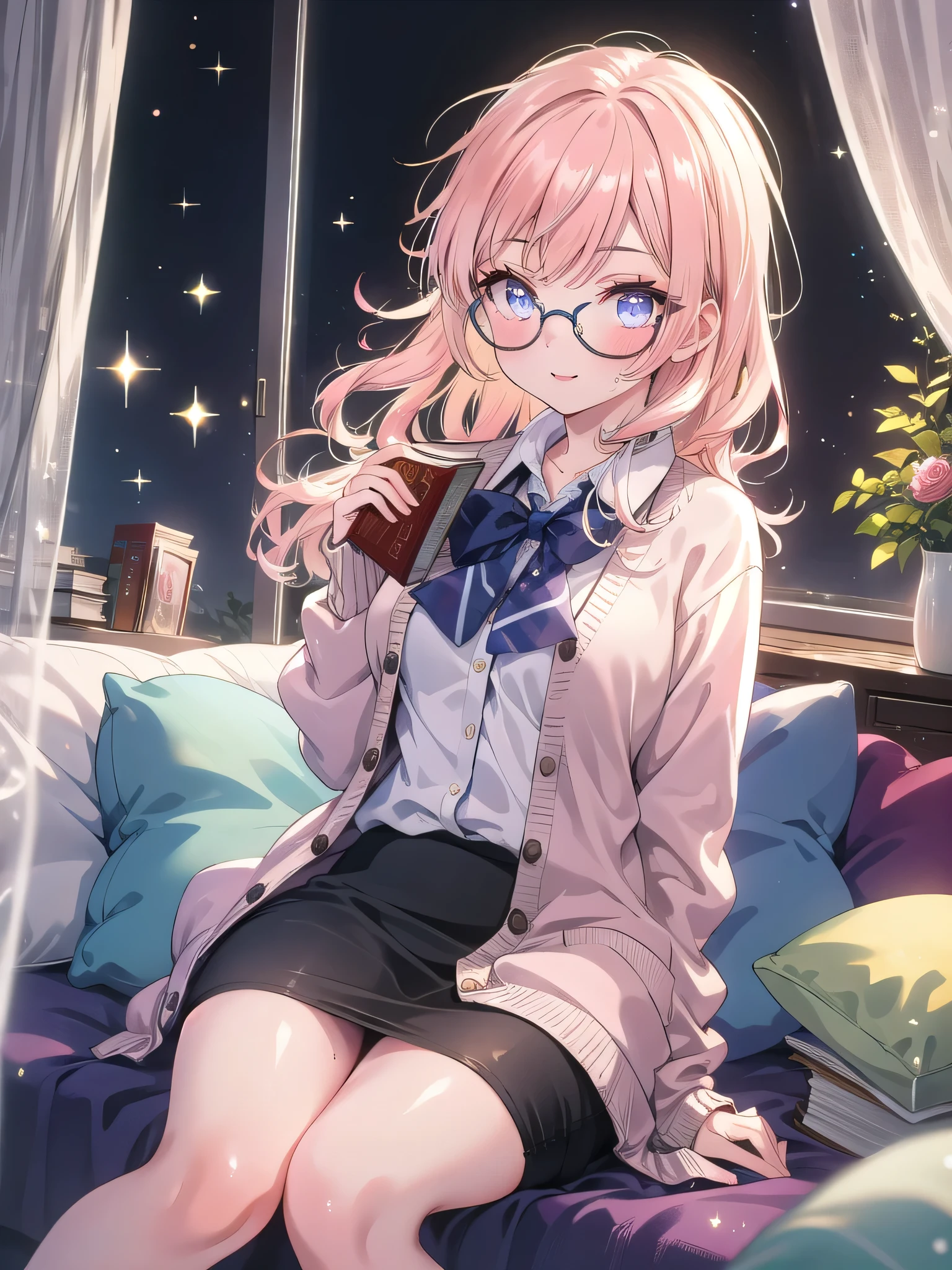 ((8k, Highest quality, masterpiece: 1.3)),Ultra-high resolution,(1 girl, alone), (Color changing eyes, Ultra-detailed, Expressive brilliance, Glitter, Glowing Eyes), Highly detailed eyes, Highly detailed face, Random Hair, ((pastel colour)),A reserved young woman with pastel peach-colored hair styled into loose, natural waves, sitting on a floor cushion in her minimalist bedroom during the early morning. She is dressed in a demure yet subtly sexy librarian cosplay, wearing a knee-length pencil skirt, a buttoned-up blouse with a soft cardigan, and a pair of vintage round glasses. The camera captures her from a low angle as she reads a book with a slight smile, her expression calm and focused. The room is softly illuminated by the gentle morning light filtering through the curtains, with a bookshelf filled with books and a few scattered cushions creating an atmosphere of quiet intellect and understated allure,(nsfw:1.2)