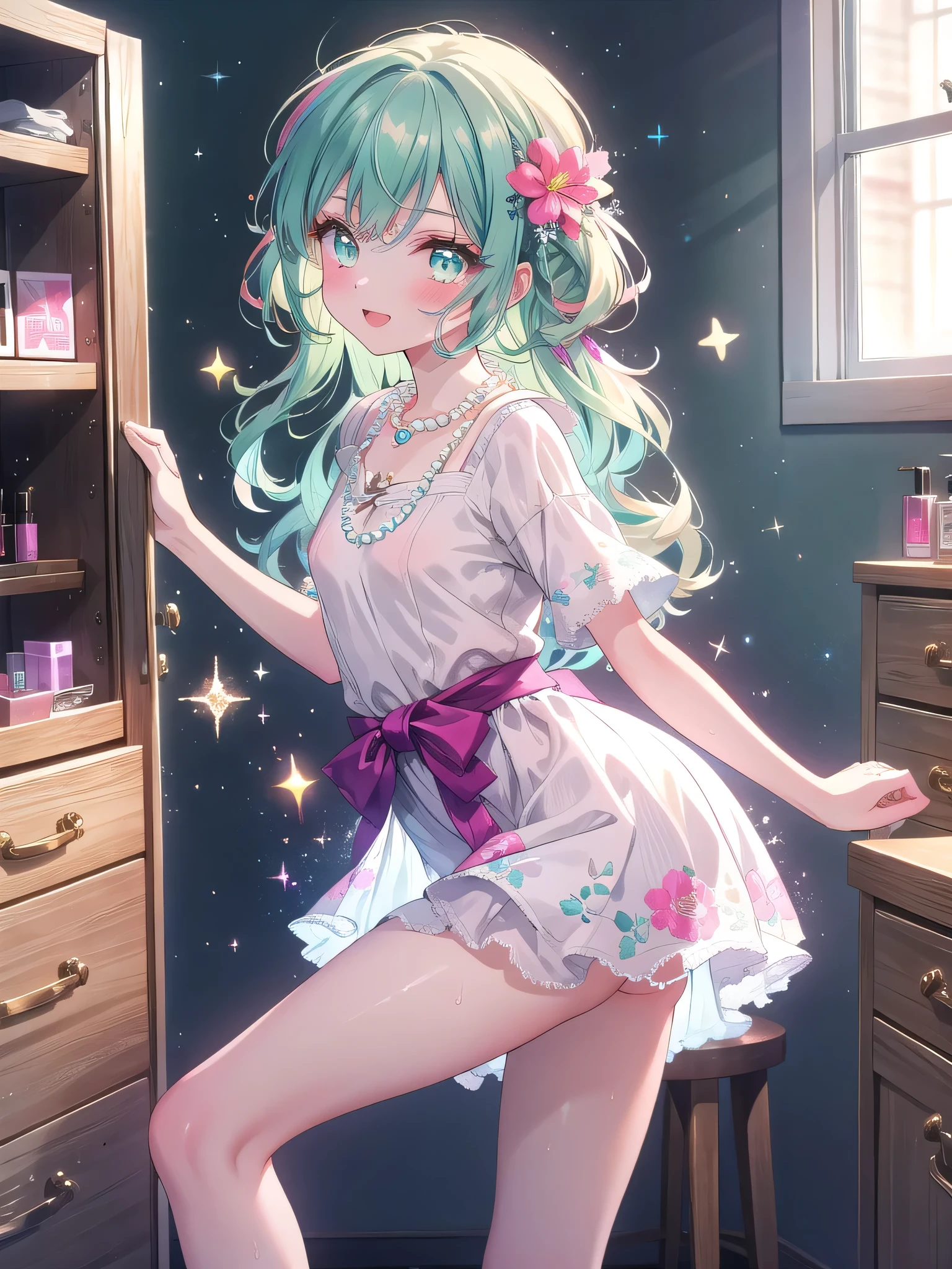 ((8k, Highest quality, masterpiece: 1.3)),Ultra-high resolution,(1 girl, alone), (Color changing eyes, Ultra-detailed, Expressive brilliance, Glitter, Glowing Eyes), Highly detailed eyes, Highly detailed face, Random Hair, ((pastel colour)),A joyful young woman with pastel mint-green hair styled into bouncy curls, standing by her closet in her softly lit bedroom during a bright afternoon. She is dressed in a cute yet subtly sexy 1950s housewife cosplay, wearing a knee-length floral dress with a fitted waist and a simple pearl necklace. The camera captures her from a side angle as she cheerfully picks out an outfit, her expression lively and content. The room is filled with warm, natural light, with neatly organized clothes, a small vanity with various cosmetics, and a cheerful, pastel color scheme creating an inviting and vibrant atmosphere,(nsfw:1.2)