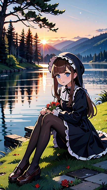 masterpiece, Highest quality, winter, Snowfield, One person, bangs, blue eyes, blunt bangs, bonnet, Brown footwear, Brown Hair, black gothic dress, Frills, fruits, whole body, Have, Long Hair, Long sleeve, View your viewers, pantyhose, purple dress, Red flower, red Rose, Rose, shoes, Sitting, alone, null, sun, Mountain, forest, lake,