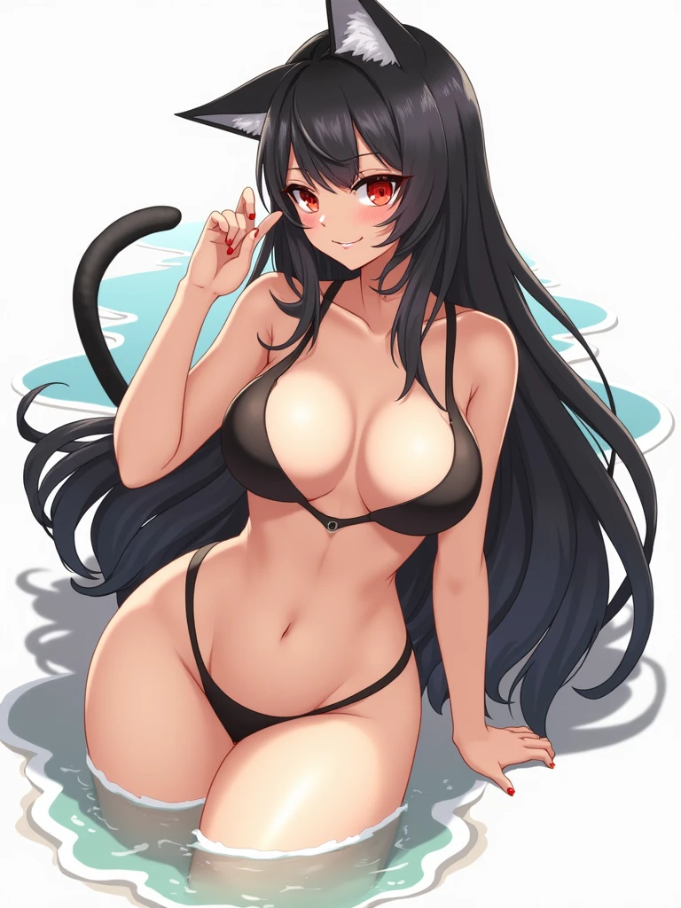 1 person, solo, breasts, looking at viewer, short hair, large breasts, red eyes, navel, animal ears, tail, swimsuit, black swimsuit, white hair, thighs, cat ears, dark brown skin, dark brown skinned woman, cat tail, zoom layer, sexy swimsuit, sensitive swimsuit, obscene swimsuit, obscenely designed swimsuit, sexy swimsuit, risqué swimsuit, erotic swimsuit, exposes navel, very little swimsuit fabric, no underwear except for ultra-thin V front micro plunge, ((only ultra-thin V front micro plunge)), ((only black ultra-thin V front micro plunge))