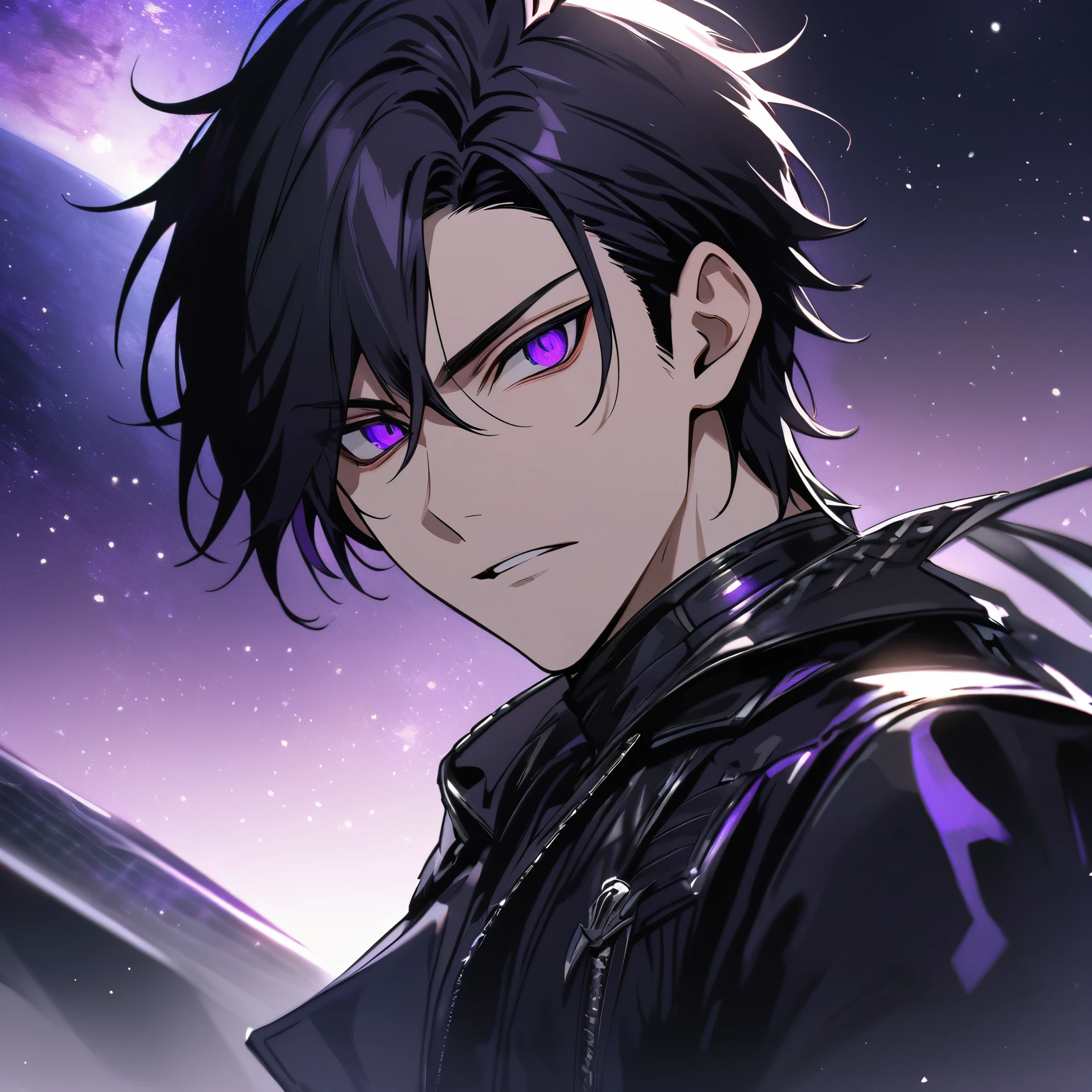 High quality, HD, 4k, no shadows, handsome male, handsome, extremly handsome, 1male, 1 male, teenager, pure black hair, short black hair, dark hair, black hair, jet black hair, sharp eyes, deep purple colored eyes, dark purple colored eyes, deep violet eyes, violet eyes, devil may cry, close up, calm expression, stoic expression, black leather clothes, black leather clothing, leather clothing, lean body, well trained body, upper body, looking at viewer, cowboy shot, white solar, space background