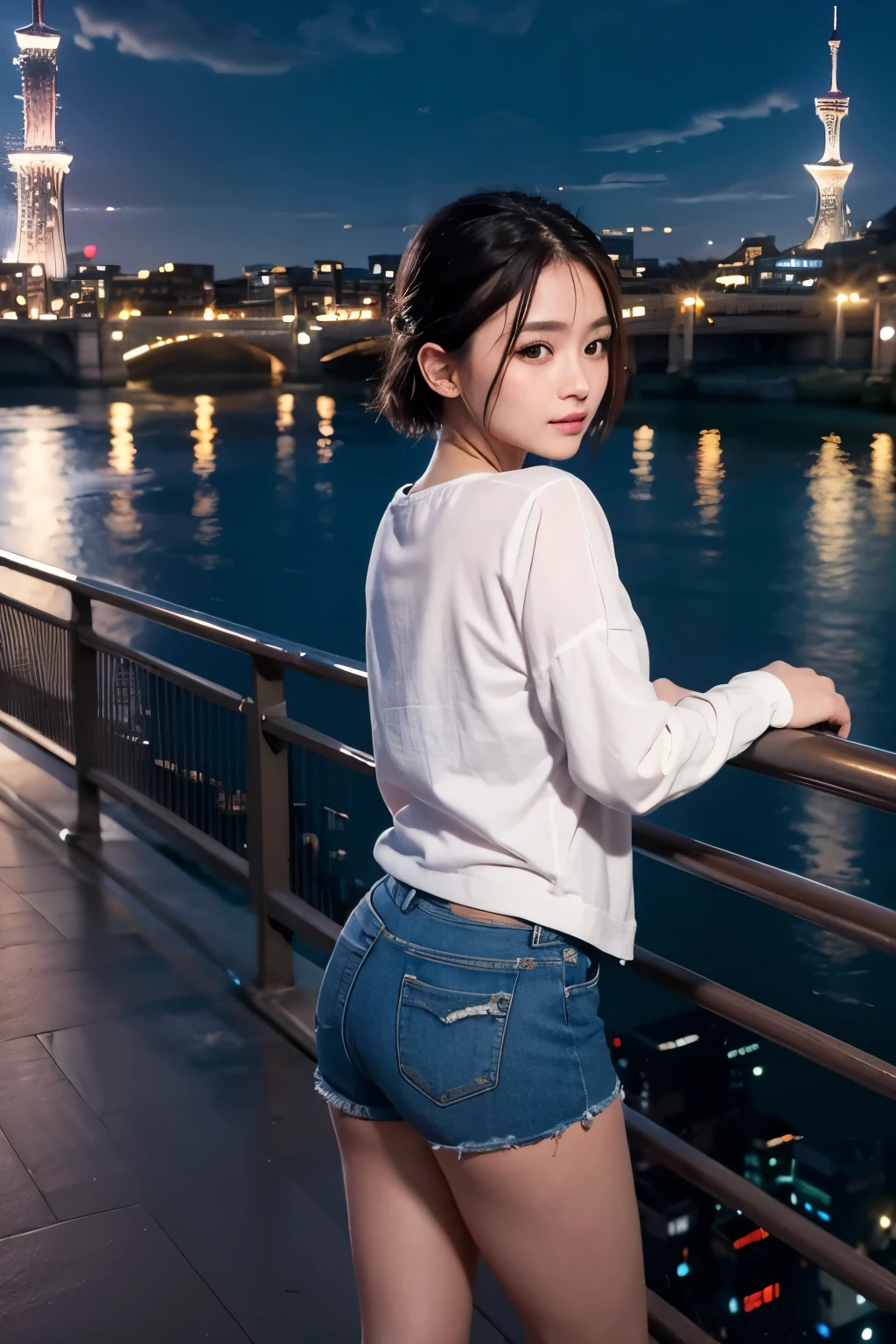 Japanese, high school girl, pure, idol, smiling, young face, long straight black hair, white hairband, short-sleeved white blouse with shoulder straps, blue denim shorts, black stockings, blue shoes, standing on an overpass, background of the Bay Bridge, seaside park, street lights, full moon night, starry night, nostalgic scenery, gravure photo shoot, resort island, looking back, turning one&#39;s back
