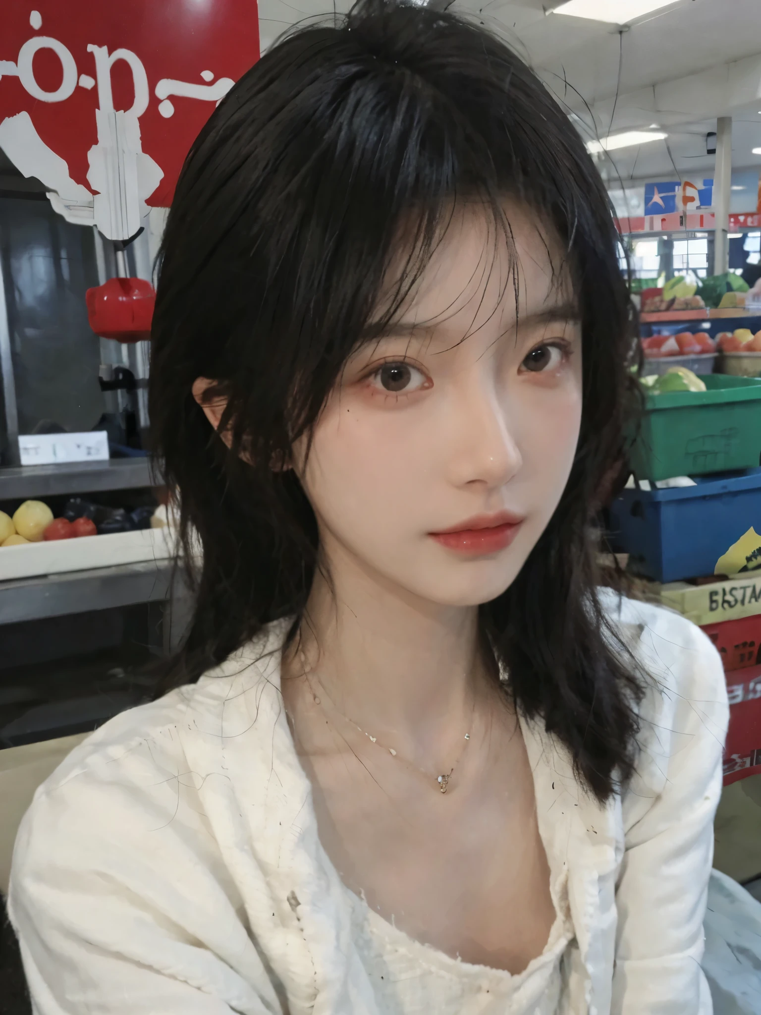 Best quality,Ultra-high resolution,(Realism:1.4),Cute hairpins,girll,Cropped black sweater,Look directly at the audience,Full of atmosphere,Beautiful woman with a slim figure:1.4,supermarket,whole body,Super delicate face,Exquisite eyes,Double eyelids,necklace