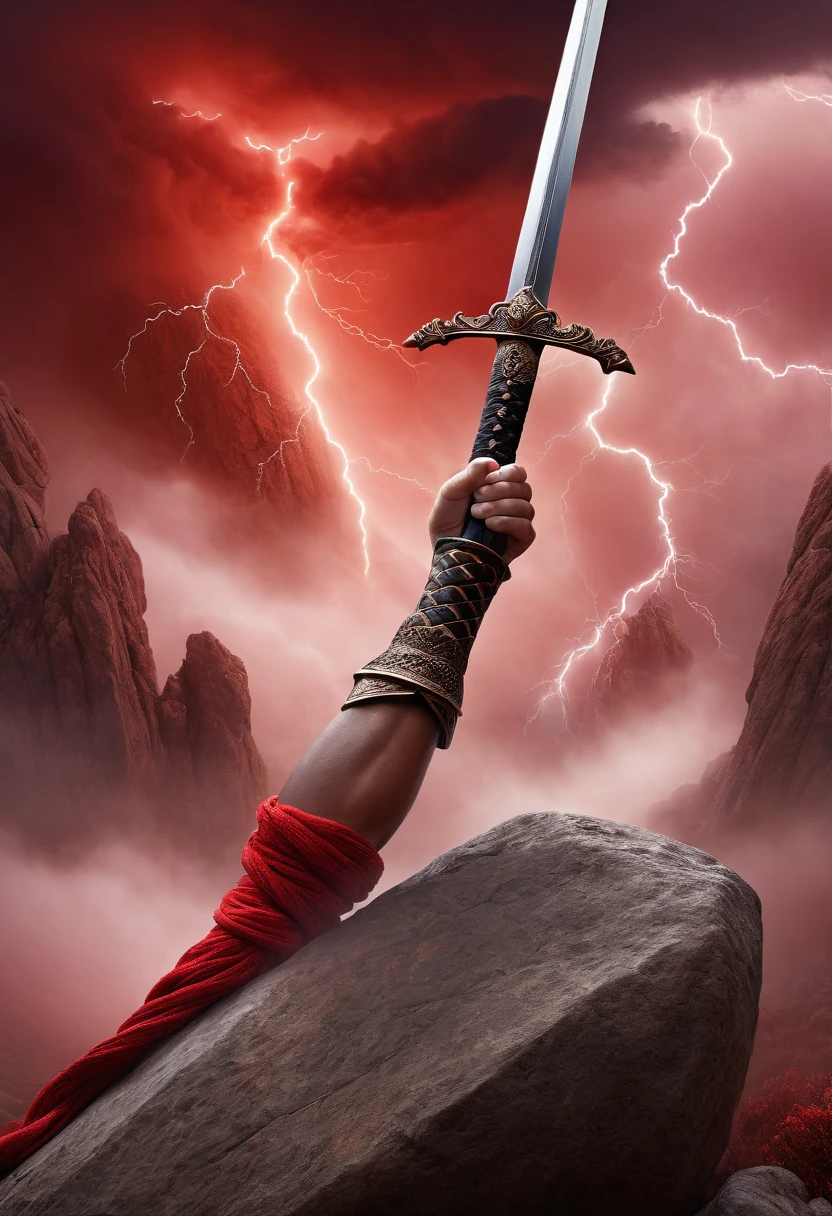 photorealistic image of a{hands sticking a sword on a rock, intricate detailed, skin pores} thunder and lightning background with massive red fog, high res, best quality