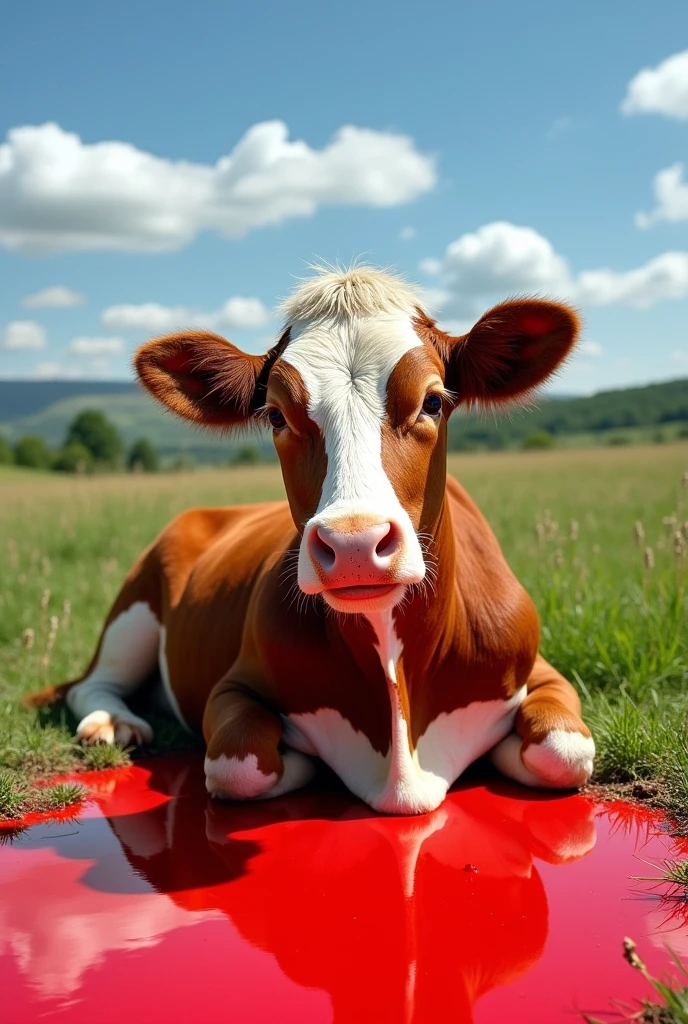 A realistic cow sitting on red paint