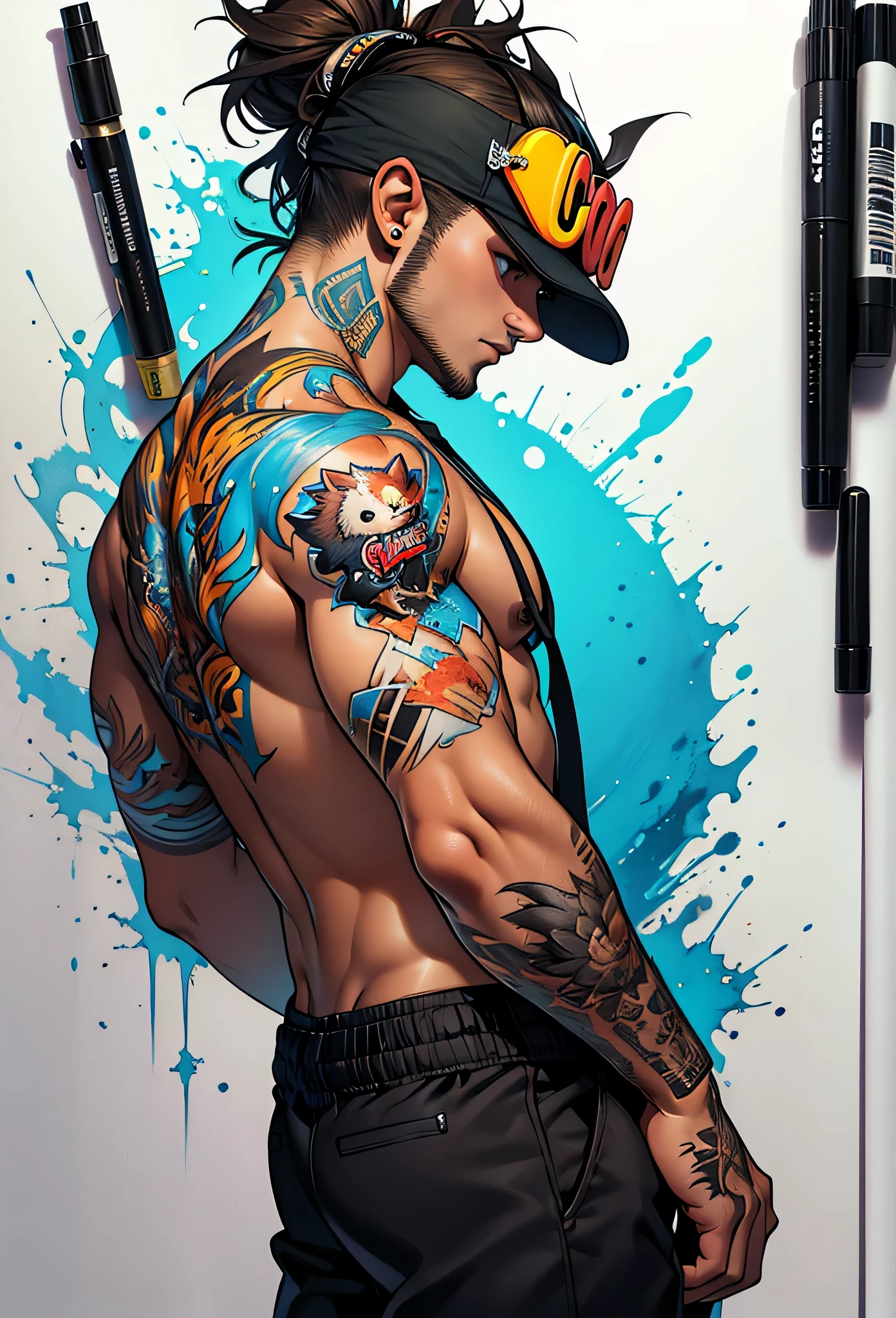 splash ink,,,little hedgehog i,Patrice Musciano (Patrice Murciano) style of , inked-art, side view,Hip hop fashion design style ,