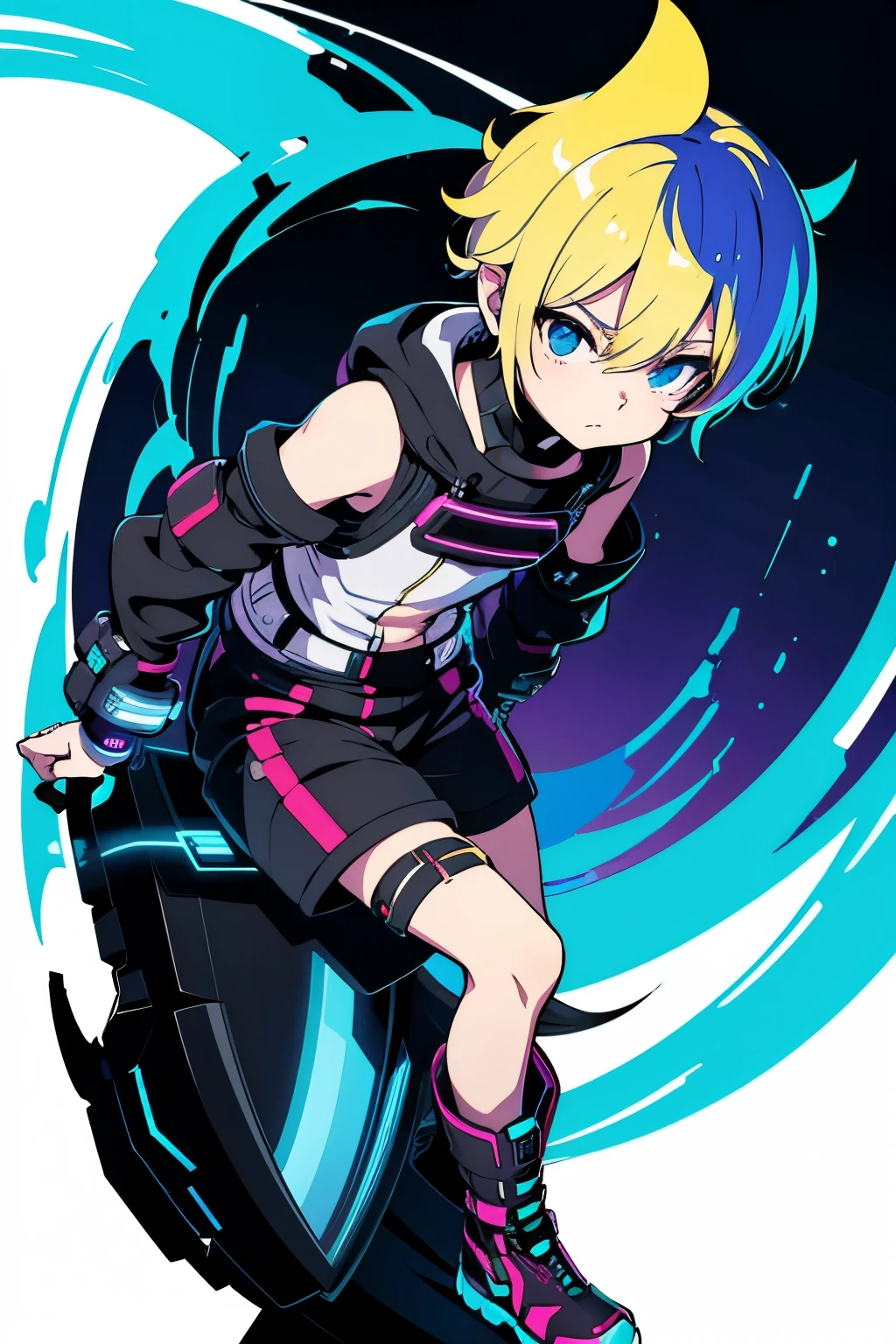 Shota, cyber punk, whole body, Blonde, Shorts, short boots, Colored Background, High Contrast, Dynamic Angle
