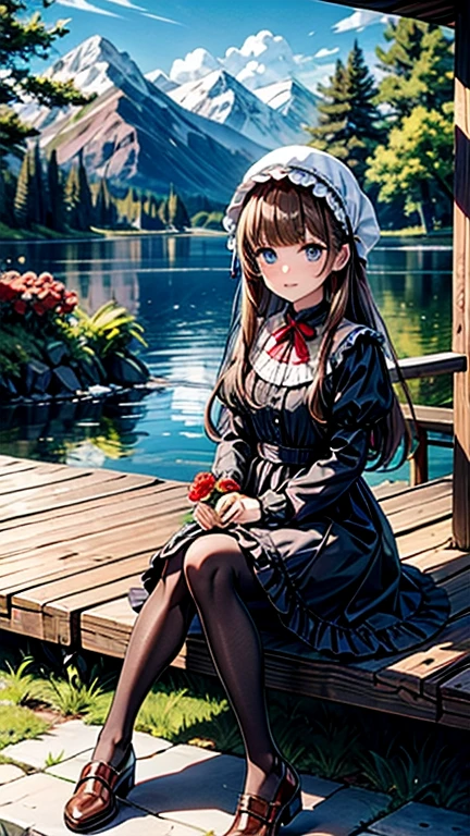 masterpiece, Highest quality, winter, Snowfield, One person, bangs, blue eyes, blunt bangs, bonnet, Brown footwear, Brown Hair, black gothic dress, Frills, fruits, whole body, Have, Long Hair, Long sleeve, View your viewers, pantyhose, purple dress, Red flower, red Rose, Rose, shoes, Sitting, alone, null, sun, Mountain, forest, lake,