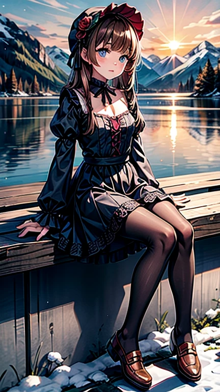 masterpiece, Highest quality, winter, Snowfield, One person, bangs, blue eyes, blunt bangs, bonnet, Brown footwear, Brown Hair, black gothic dress, Frills, fruits, whole body, Have, Long Hair, Long sleeve, View your viewers, pantyhose, purple dress, Red flower, red Rose, Rose, shoes, Sitting, alone, null, sun, Mountain, forest, lake,