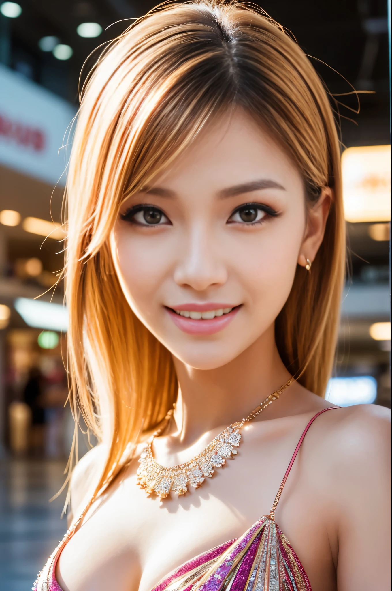 (masterpiece:1.4), (best quality:1.4), ultra high res, ultra high resolution, ((detailed facial features)), HDR, (realistic, photorealistic, photo-realistic:1.37), closeup, sexy seductive Thai woman, (seductive smile), long lashes, beautiful makeup, platinum blonde hair, fair skin, slender figure, elegant posture, wearing large sparkling colorful jewelery, wearing a business style leather dress, standing in a large shopping mall, gentle sunlight shining through the shopping mall windows, casting a soft glow on her face, adding warmth to the scene, vibrant colors, capturing the essence of vibrant city life, portrait style, showcasing her natural beauty and grace in a feminine way