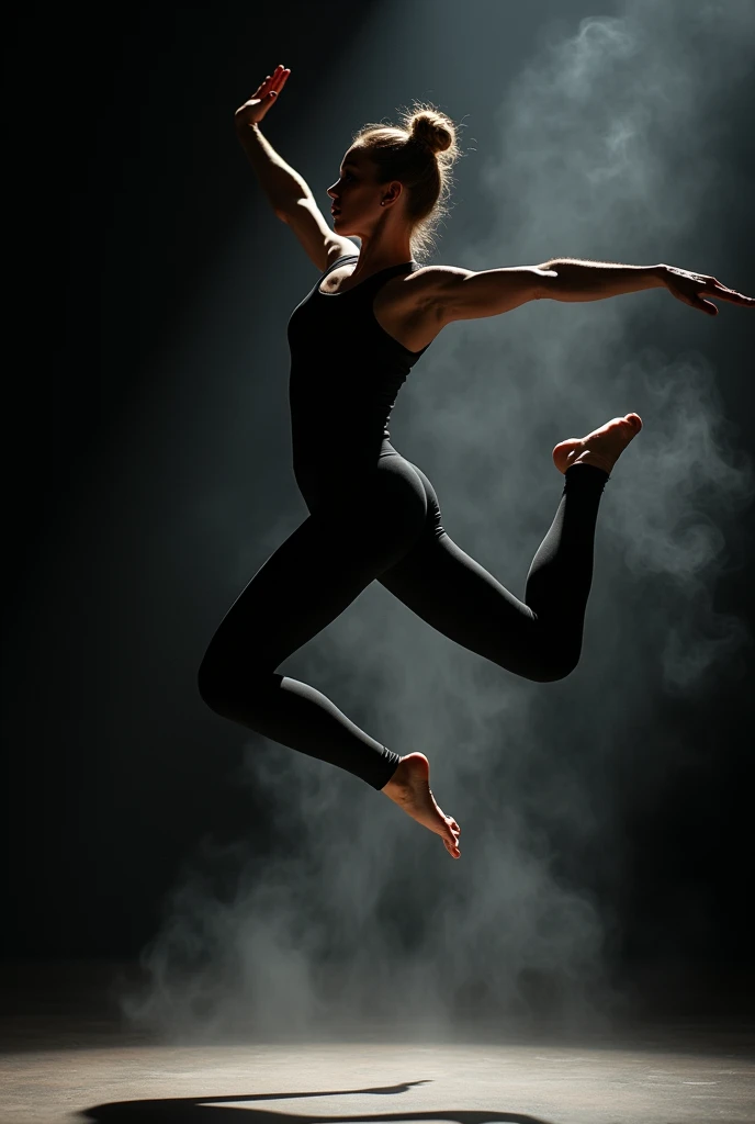 Leaping forward, the dancer's form is crisply defined against the void black wall. Smoke plumes enhance the motion, trailing behind her like whispers of movement. The lighting is high key, casting strong highlights and deep shadows, making her leap appear almost three-dimensional. Her natural bun hair and black attire are captured in sharp detail, with every muscle visible. The background remains indistinct, underscoring the dancer's dynamic forward motion. The emotional tone is one of determination and fearlessness. Realistic and highly detailed shot of a solo dancer with natural bun hair in a black tank top and leggings, captured in HDR and UHD in a studio with a void black wall and immersive smoke effects.