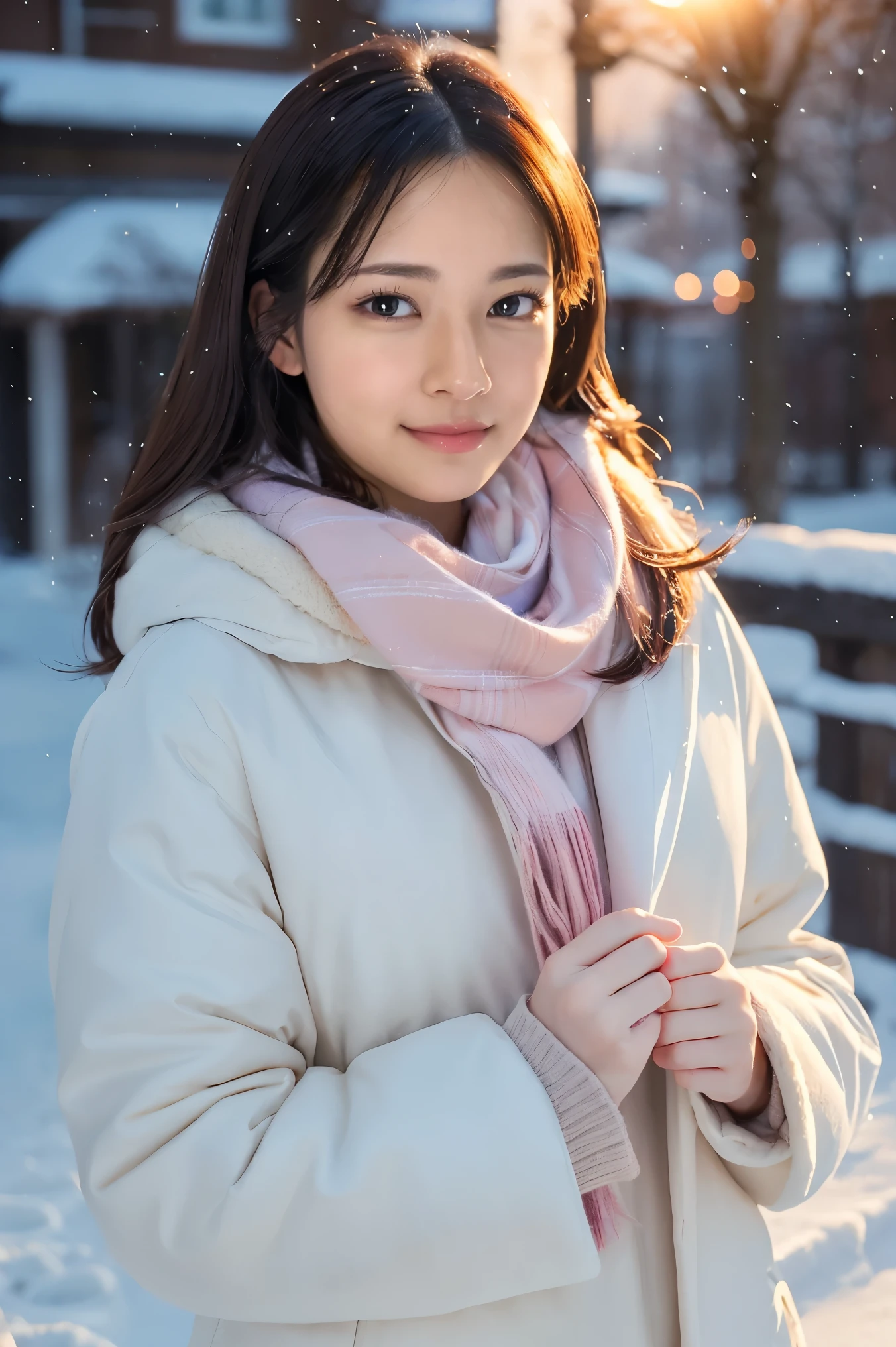A woman in a white coat and pink scarf standing in the snow - SeaArt AI