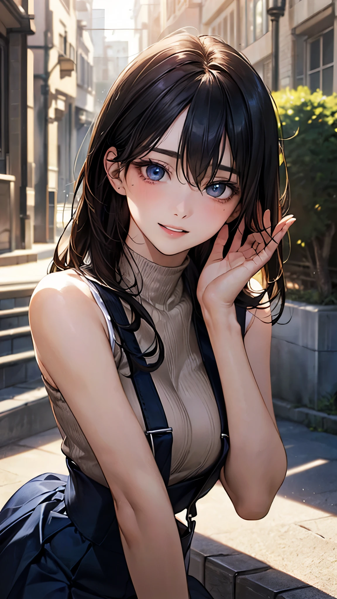 (masterpiece:1.2, top-quality), (realistic, photorealistic:1.4), beautiful illustration, (natural side lighting, movie lighting), depth of fields,
beautiful detailed hair, beautiful detailed face, beautiful detailed eyes, beautiful clavicle, beautiful body, beautiful chest, beautiful thigh, beautiful legs,
looking at viewer, (face focus, upper body), 1 girl, high school girl, (perfect anatomy, anatomically correct, super detailed skin), cute and symmetrical face, perfect face, perfect eyes,
(long hair:1.5, straight hair, black hair), hair between eyes, light blue eyes, slant eyes, big eyes, long eye lasher, (medium breasts, seductive thighs), perfect body, shiny skin, pink skin, babyface,
(detailed cloth texture, break (sleeveless beige high neck), break cobalt blue long skirt), break black suspenders,
(beautiful scenery), evening, (school yard:1.2), standing, (waving hand), (head tilt, lovely smile, upper eyes, parted lips),
