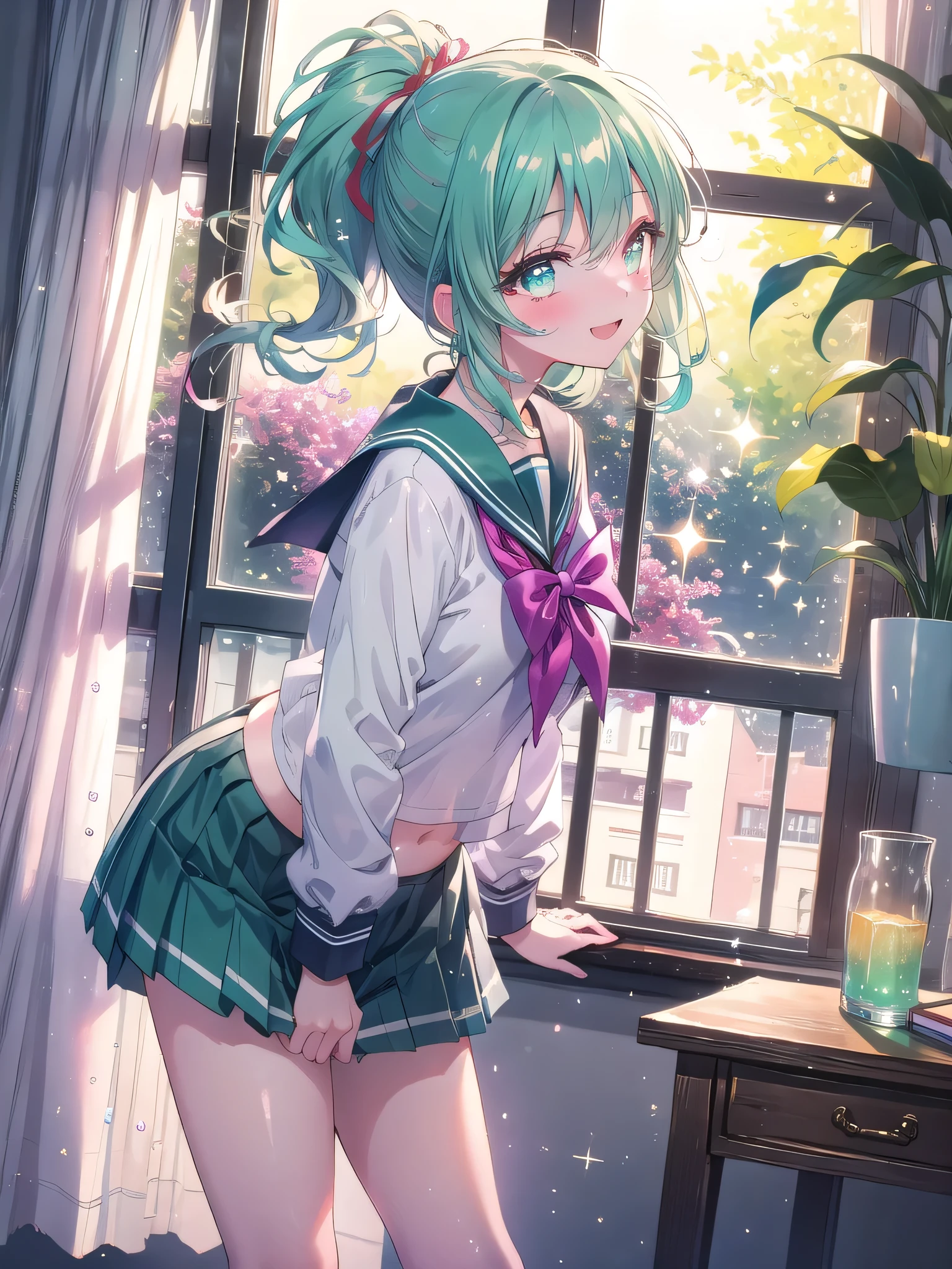 ((8k, Highest quality, masterpiece: 1.3)),Ultra-high resolution,(1 girl, alone), (Color changing eyes, Ultra-detailed, Expressive brilliance, Glitter, Glowing Eyes), Highly detailed eyes, Highly detailed face, Random Hair, ((pastel colour)),A joyful young woman with pastel mint-green hair styled into a high ponytail, standing by her window in her brightly lit bedroom during a sunny afternoon. She is dressed in a cute yet subtly sexy sailor uniform cosplay, wearing a pleated skirt, a sailor collar top, and knee-high socks. The camera captures her from a side angle as she looks out the window with a bright smile, her expression full of excitement and happiness. The room is bathed in warm sunlight, with a small potted plant on the windowsill, a neatly made bed, and a few schoolbooks on the desk, creating a fresh and lively atmosphere,(nsfw:1.2)