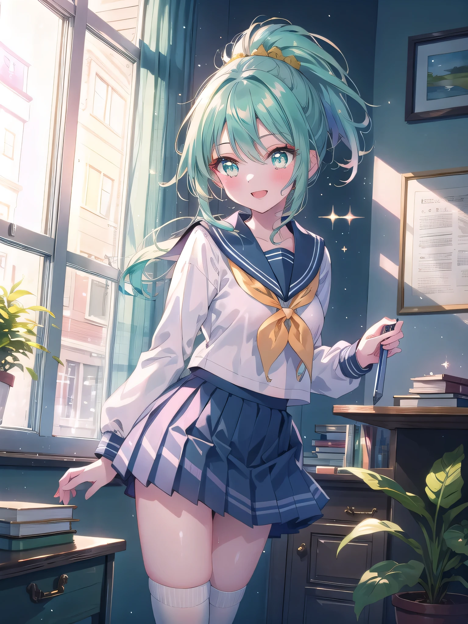 ((8k, Highest quality, masterpiece: 1.3)),Ultra-high resolution,(1 girl, alone), (Color changing eyes, Ultra-detailed, Expressive brilliance, Glitter, Glowing Eyes), Highly detailed eyes, Highly detailed face, Random Hair, ((pastel colour)),A joyful young woman with pastel mint-green hair styled into a high ponytail, standing by her window in her brightly lit bedroom during a sunny afternoon. She is dressed in a cute yet subtly sexy sailor uniform cosplay, wearing a pleated skirt, a sailor collar top, and knee-high socks. The camera captures her from a side angle as she looks out the window with a bright smile, her expression full of excitement and happiness. The room is bathed in warm sunlight, with a small potted plant on the windowsill, a neatly made bed, and a few schoolbooks on the desk, creating a fresh and lively atmosphere,(nsfw:1.2)