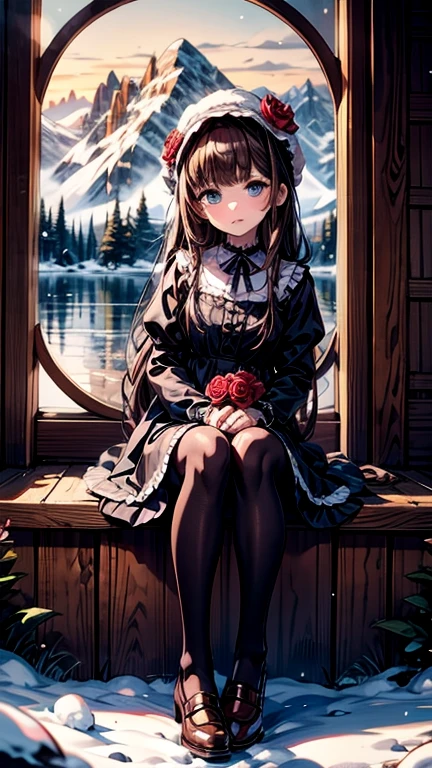masterpiece, Highest quality, winter, Snowfield, One person, bangs, blue eyes, blunt bangs, bonnet, Brown footwear, Brown Hair, black gothic dress, Frills, fruits, whole body, Have, Long Hair, Long sleeve, View your viewers, pantyhose, purple dress, Red flower, red Rose, Rose, shoes, Sitting, alone, null, sun, Mountain, forest, lake,