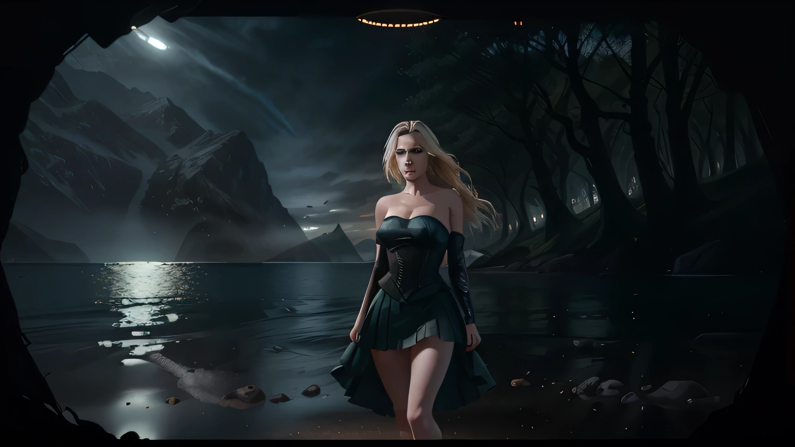 (Highly realistic image), Fantasy scene, Centerpiece, masterpiece, Ultra detailed, High quality, 4k, complex, expert, Center, (volumetric lighting), beautiful, dark masterpiece, (ultra detailed landscape ), (sharp landscape), (sharp image), (dark scene), (dark atmosphere). (1 pretty girl alone), sublime Russian, 15 years old, long and straight hair, (blond hair:1.5), hair in front of her eyes, (blue eyes), (skinny body), small ass, (big round breasts, huge tits), fine face, innocent face, (seductive smile), luscious red lips, (large gold hoop earrings), she wears a (short tight-fitting slit silk dress), (black dress:1.5), (bare legs), (bare arms), (bare stomach), (deep neckline). (standing in front of one of the uprights of the stone arch, inside a forest where a small river flows, between the trees we see a stone arch inside which there is a portal to the underworld, the portal is powered by glowing filaments of red mana:1.5). (View viewer), (low angle), (cowboy shot), (sensual dynamic pose), (perfect body), (perfect anatomy), (perfect hand),Nice legs and hot body,more detail