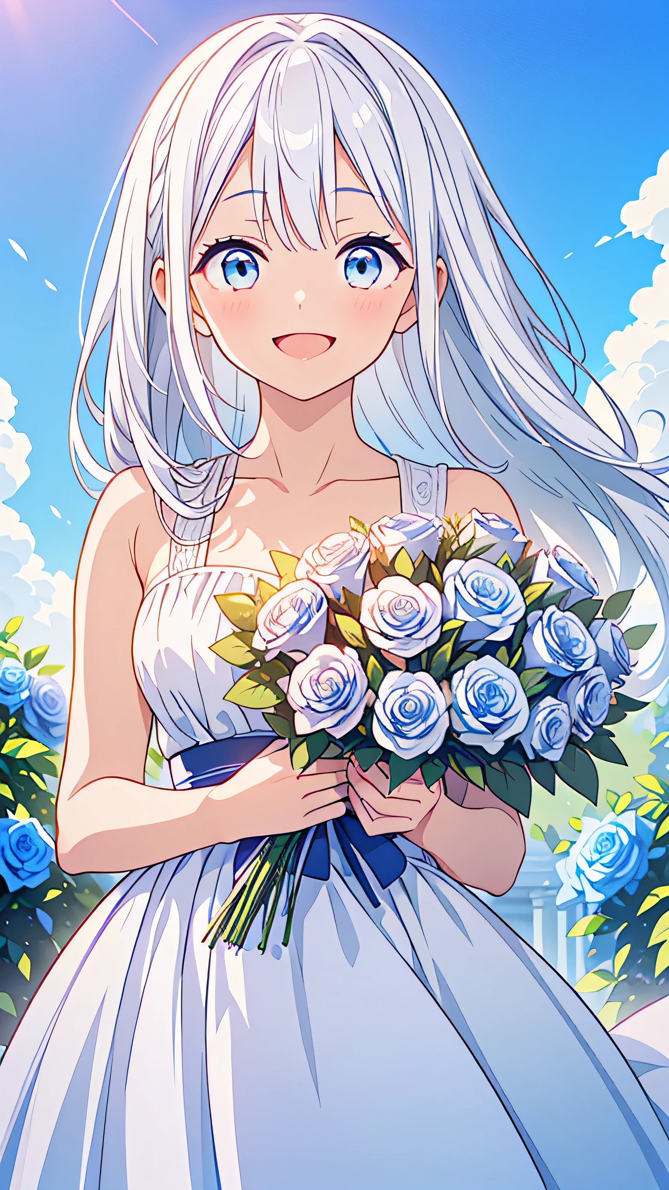 Highest quality, 32K, High resolution, masterpiece:1.5, Cute Japanese, Very beautiful face, Small Face Beauty, Perfect Human Anatomy, Magical big eyes, ((A happy smile:1.5)), ((Beautiful, shining platinum white hair:1.1)), Super Long Straight Silk Hair, Flower Hair Ornaments, Asymmetrical bangs, Hair between the eyes, Transparency, Soft white skin, Sharp eyebrows, Thin lashes, Natural Makeup, Pale pink lips, ((White Dress:1.2)), ((Holding a bouquet of blue roses in both hands:1.2)), Beautiful chest, Slim figure and ample breasts, ((Detailed blue sky background:1.3)), Bright sunlight, Backlight, mysterious