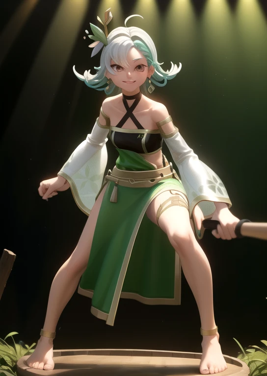 (((masterpiece))),(((Highest quality))),((Very detailed)), ((figure)),((,in the forest )),One person, alone, , Asymmetrical clothing, Removable sleeves, jewelry, , short hair, Earrings, View your viewers, dress, , Multicolored Hair, chest, Brown eyes, Green Hair, , Exposing shoulders, Gray Hair, Green Claws, hair ornaments, Halter neck, whole body,Wicked Smile, Slit Skirt, ((Hold down the skirt)), Beautiful feet