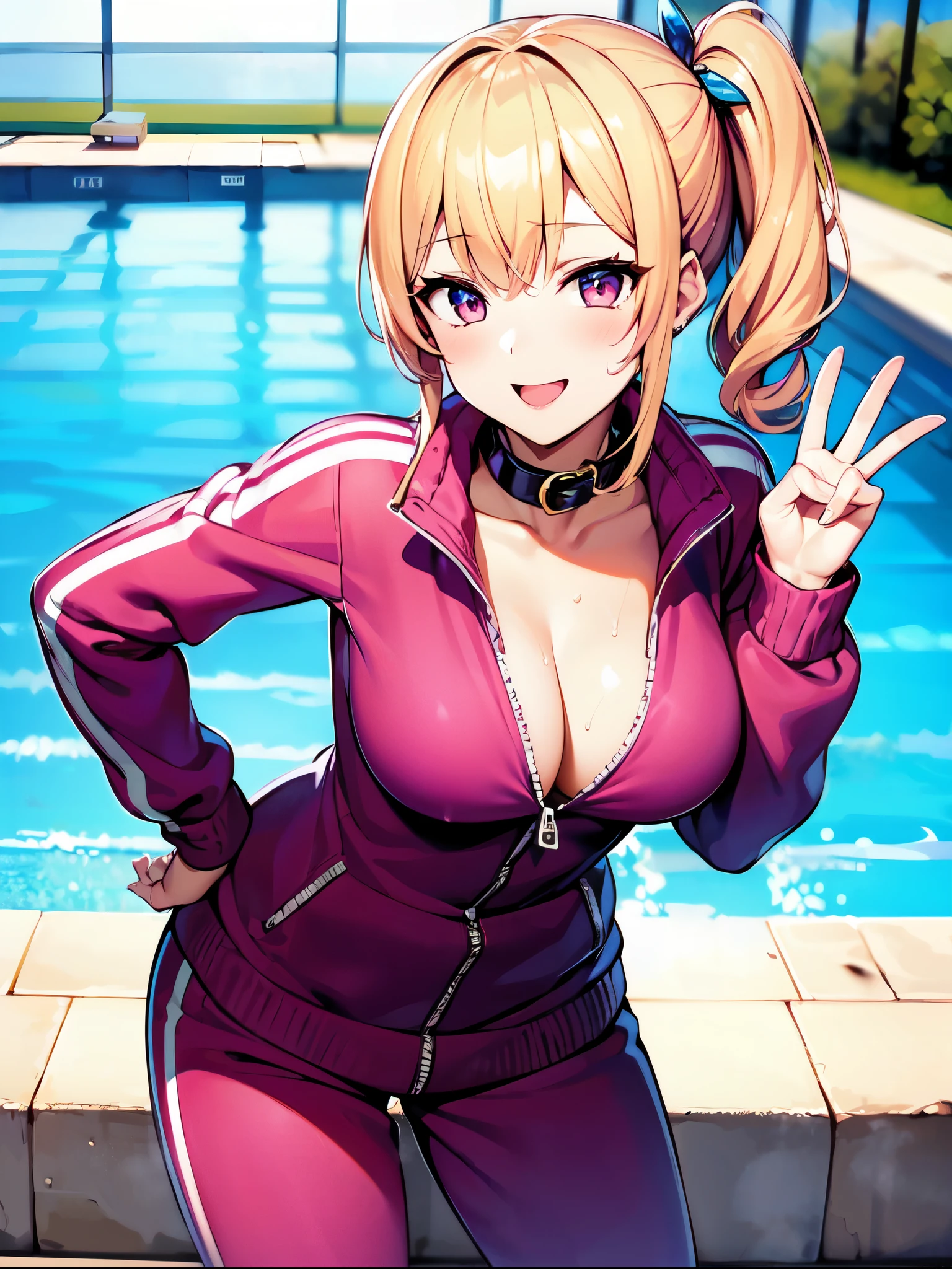 ((super high quality,Ultra-high resolution,16K,super masterpiece,Ultra HD)),Poolside on a sunny day,Burning Sun,Water splashing everywhere,One Girl,((A thin, pink, shiny tracksuit,(Large collar,Open collar,Tight collar),Zipper open from under the chin to the navel,Fine Zipper),Cleavage,Sexy),Short wavy blonde hair,Short Side Ponytail,Purple butterfly hair clip,Wink,smile,Sweaty,Place one hand on hip,Make a V-sign towards the camera,Tilt slightly forward,Leaning forward significantly,