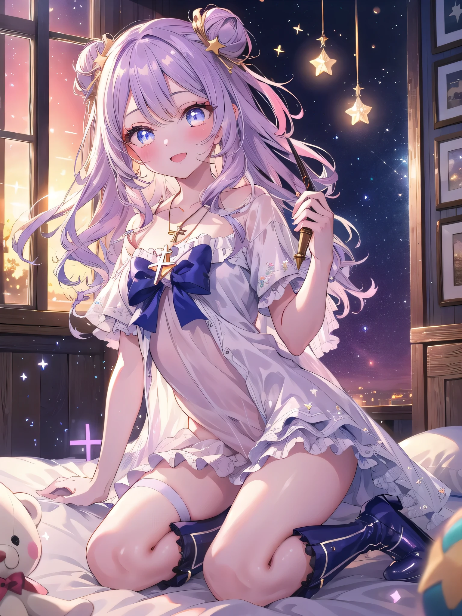 ((8k, Highest quality, masterpiece: 1.3)),Ultra-high resolution,(1 girl, alone), (Color changing eyes, Ultra-detailed, Expressive brilliance, Glitter, Glowing Eyes), Highly detailed eyes, Highly detailed face, Random Hair, ((pastel colour))A lively young woman with pastel lavender hair styled into twin buns, sitting cross-legged on her bed in her softly lit bedroom during a golden hour evening. She is dressed in a sweet yet subtly sexy magical girl cosplay, wearing a short frilly dress with a star-shaped pendant, and matching thigh-high boots. The camera captures her from a frontal angle as she smiles brightly, holding a magical wand in her hand, her expression full of energy and enthusiasm. The room is warmly lit by the setting sun, with a few glowing star decals on the walls, a small plush toy beside her, and a soft, colorful bedspread, creating a whimsical and joyful atmosphere(nsfw:1.2)

