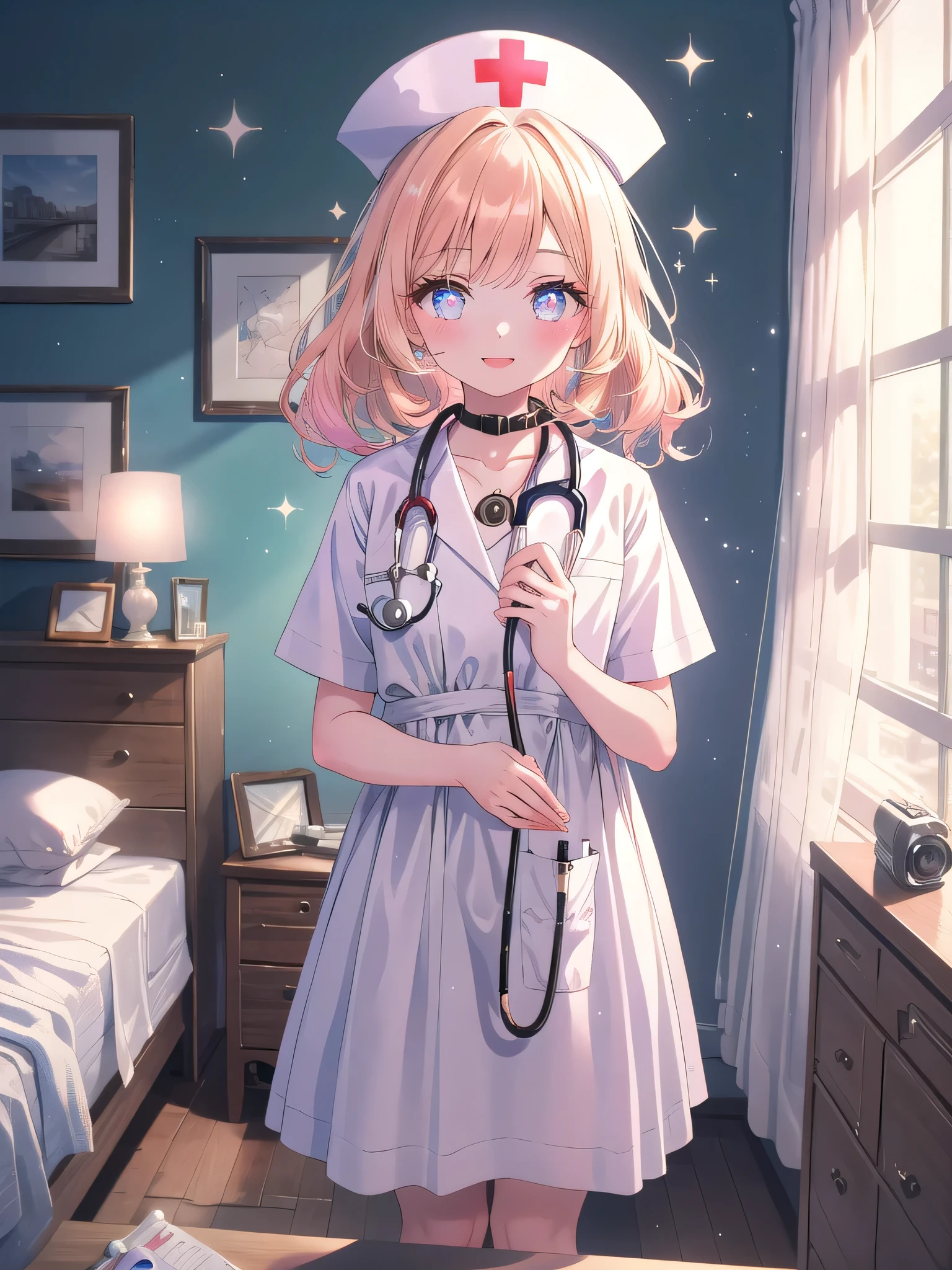 ((8k, Highest quality, masterpiece: 1.3)),Ultra-high resolution,(1 girl, alone), (Color changing eyes, Ultra-detailed, Expressive brilliance, Glitter, Glowing Eyes), Highly detailed eyes, Highly detailed face, Random Hair, ((pastel colour))A cheerful young woman with pastel peach-colored hair styled into soft curls, standing near her desk in her cozy bedroom during a sunny morning. She is dressed in a modest yet charming vintage nurse cosplay, wearing a knee-length white dress with a small red cross on the collar, and a matching nurse's cap. The camera captures her from a slightly elevated angle as she adjusts her cap with a bright smile, her expression full of warmth and care. The room is filled with natural light, with a few medical-themed decorations like a stethoscope and a small medicine kit, a neatly arranged bed, and light-colored walls, creating a comforting and welcoming atmosphere, (nsfw:1.2)