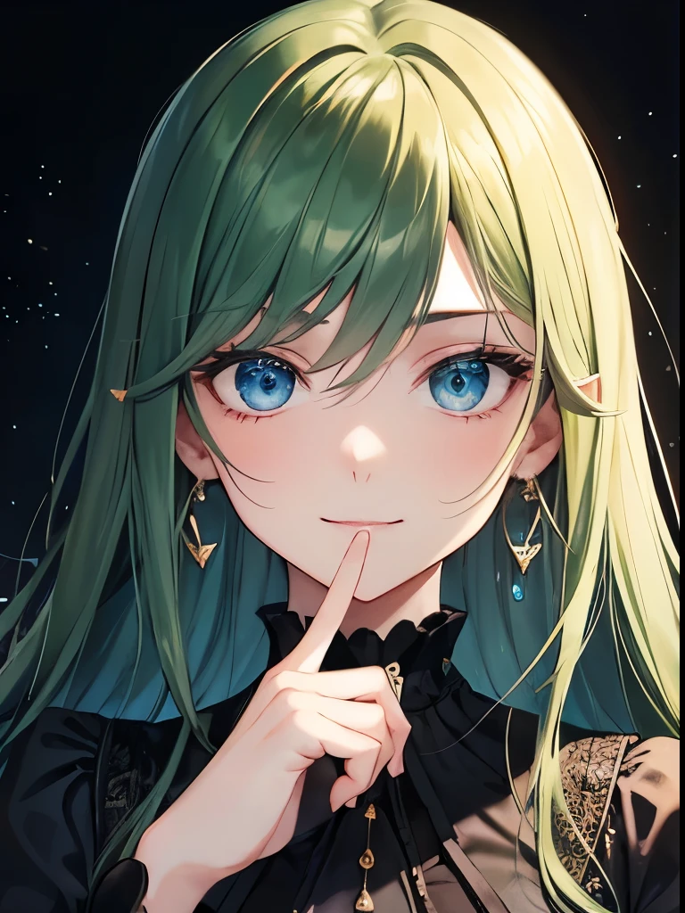 voluminous dark green hair, emphasizing dark dark dark green hair color, long straight hair, big droopy eyes, blue eyes, kind pretty face, droopy eyes, looking at me shyly, smiling without opening mouth, wearing number 5 earrings, golden hair clip, sparkling eyes, focus on face, fresh smile, high quality golden number 5 earring, big droopy eyes, blue eyes, hand pointing towards me showing 5 fingers, close-up of face, gothic fashion, in dark room, 5 fingers, both hands, shadowless background, high quality, focus on face.