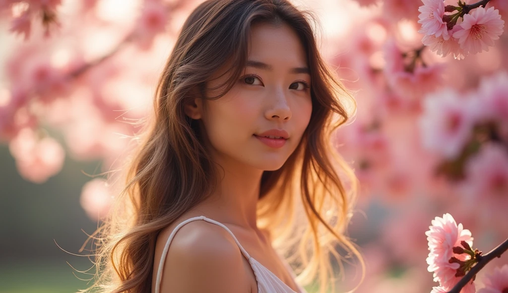 cinematic photo woman, 3/4 shot, with gorgeous eyes and skin, smiling, long brunette hair with blonde highlights looks away from the viewer surrounded by pink hsakura flowers BREAK white spaghetti strap dress . 35mm photograph, film, bokeh, professional, 4k, highly detailed